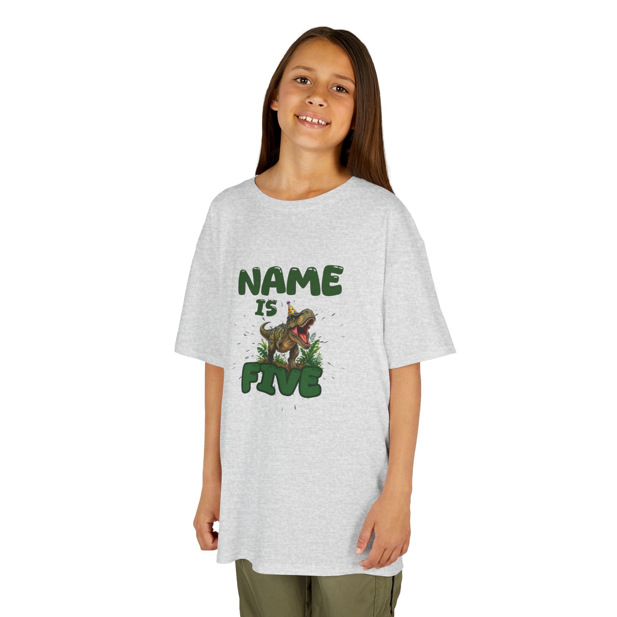 Personalised Kids Dinosaur T‑Shirt, Roaring T‑Rex "Name is Five" Birthday Tee