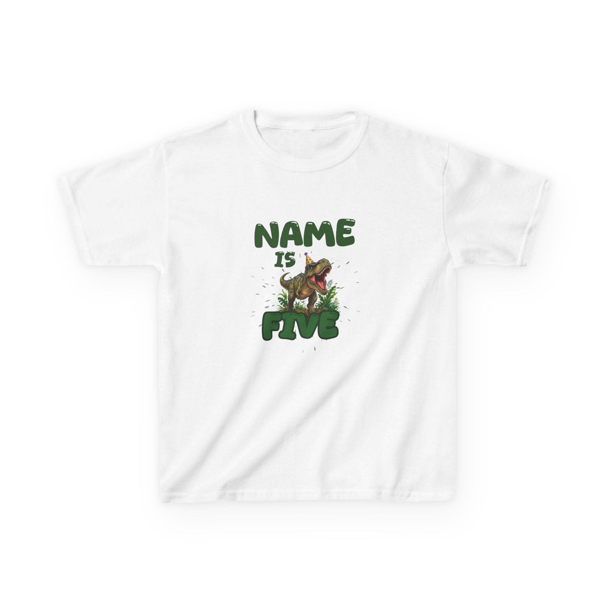 Personalised Kids Dinosaur T‑Shirt, Roaring T‑Rex "Name is Five" Birthday Tee