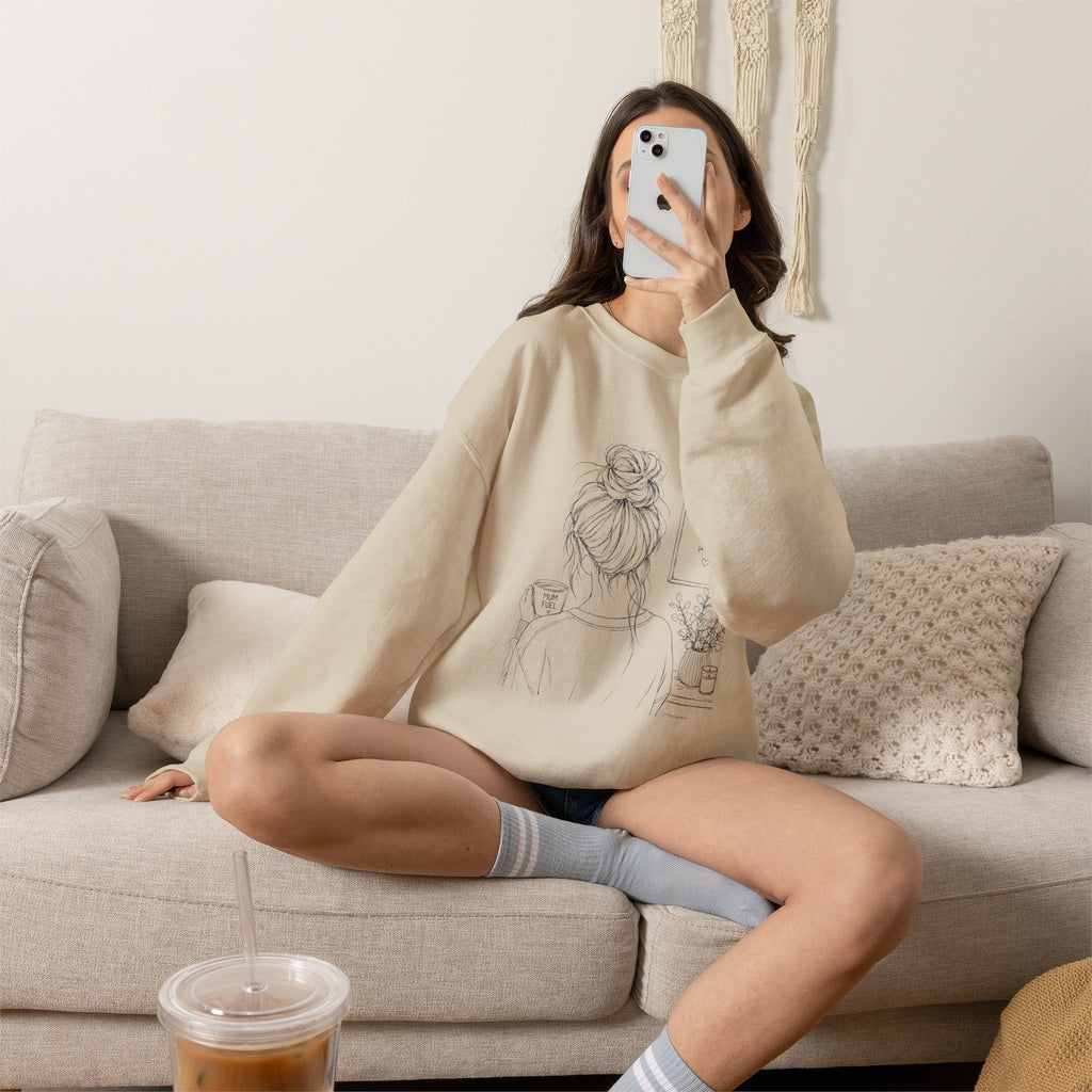 Cozy Morning Sketch girl with bun holding coffee Sweatshirt | minimalist line art