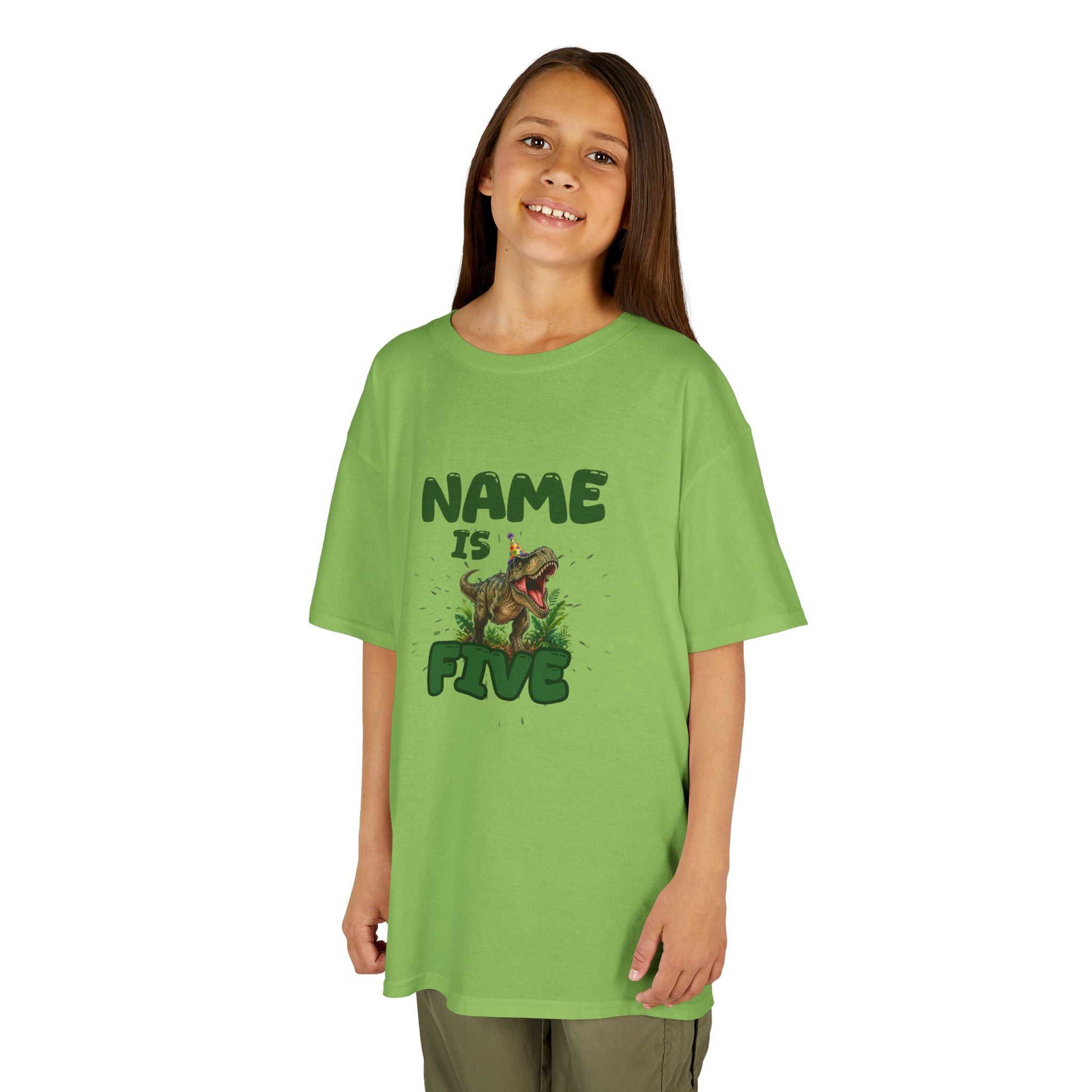 Personalised Kids Dinosaur T‑Shirt, Roaring T‑Rex "Name is Five" Birthday Tee