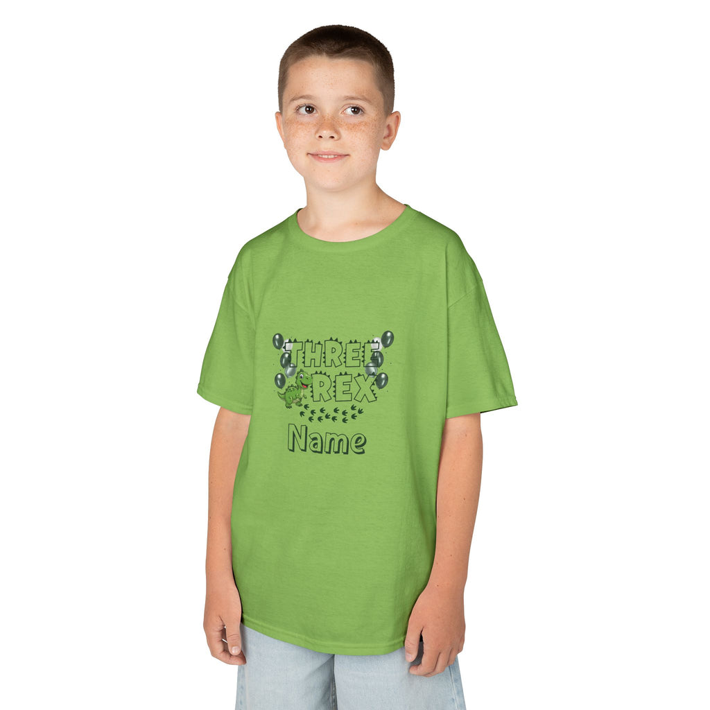 Personalised Kids Tee, "THREE REX" Birthday Dinosaur Shirt (Green Text)