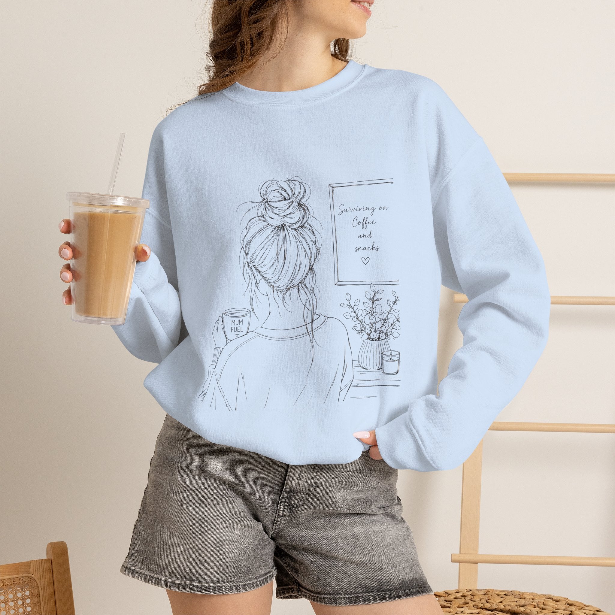Cozy Morning Sketch girl with bun holding coffee Sweatshirt | minimalist line art