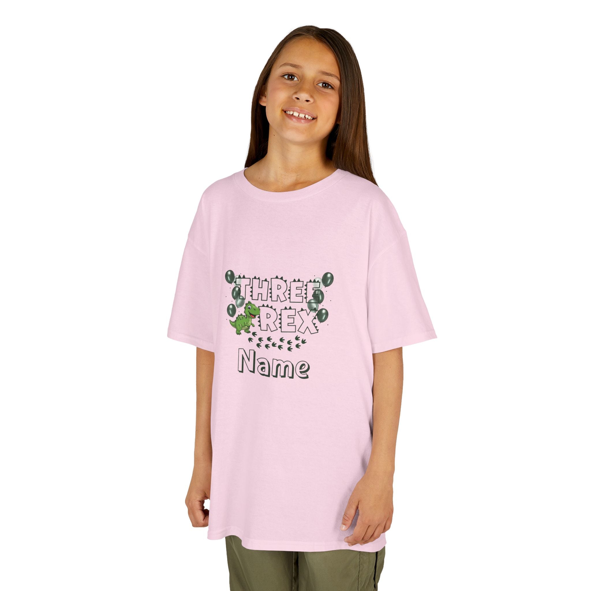 Personalised Kids Tee, "THREE REX" Birthday Dinosaur Shirt (Green Text)