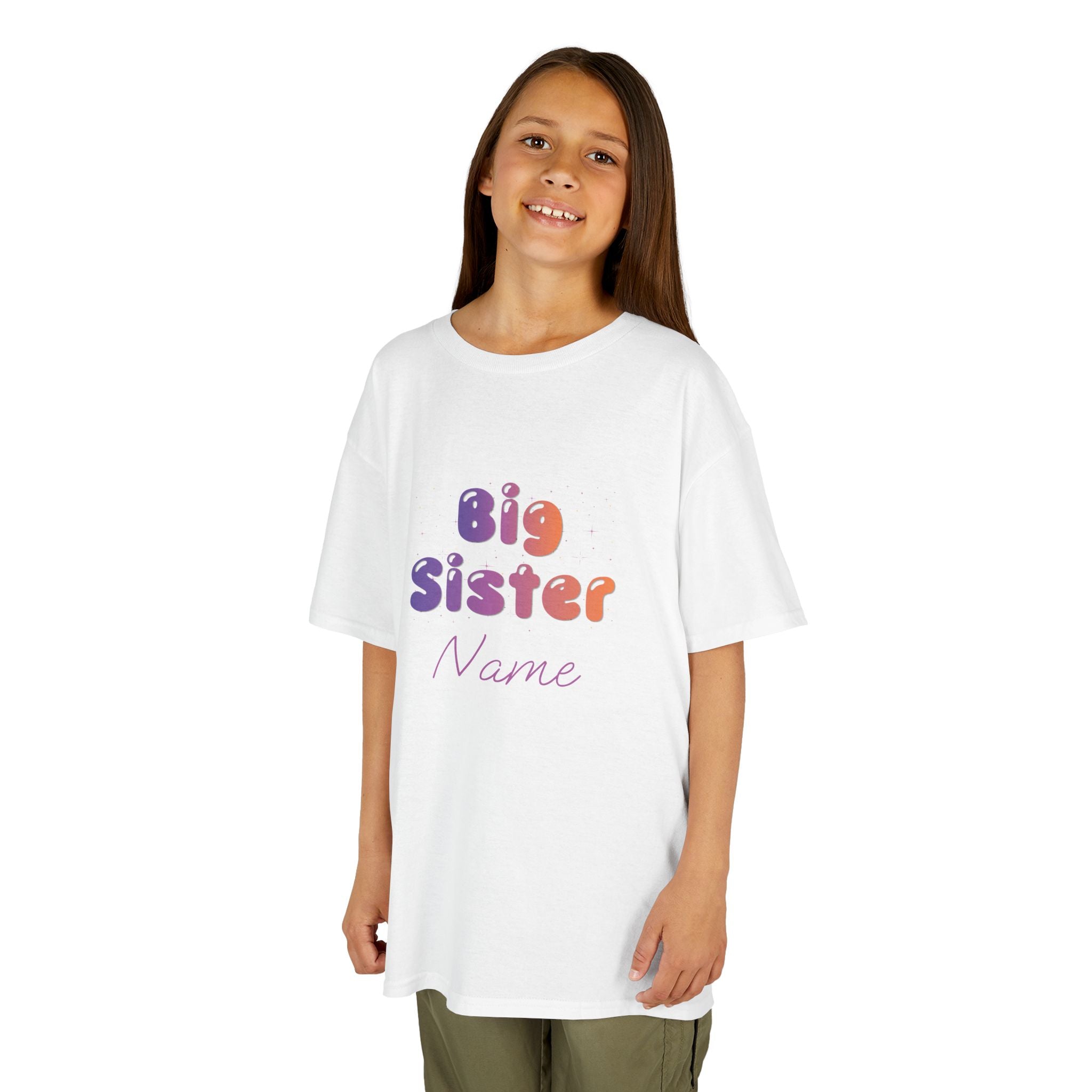 Big Sister Personalised Kids Tee, colourful Bubble Letters with Name