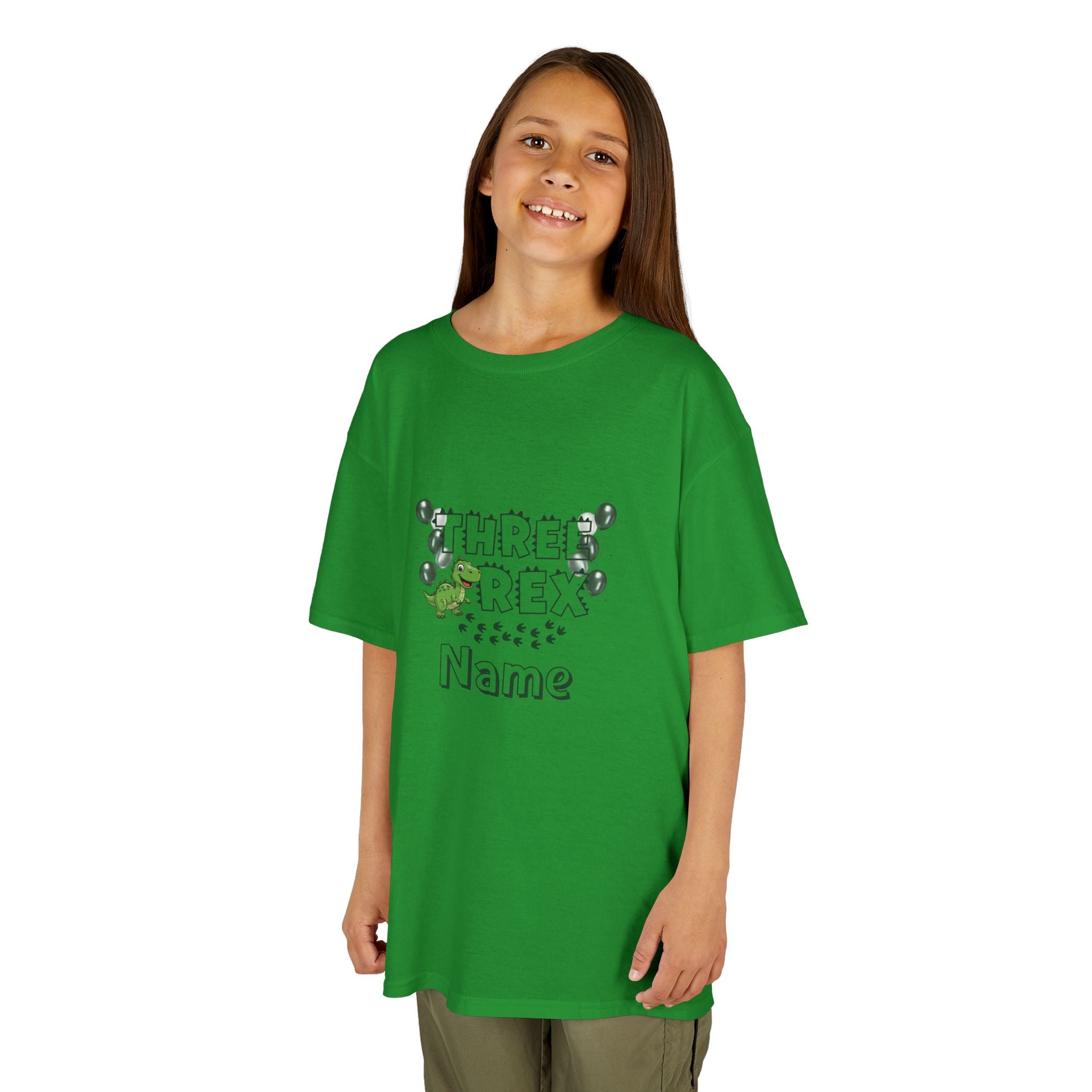 Personalised Kids Tee, "THREE REX" Birthday Dinosaur Shirt (Green Text)