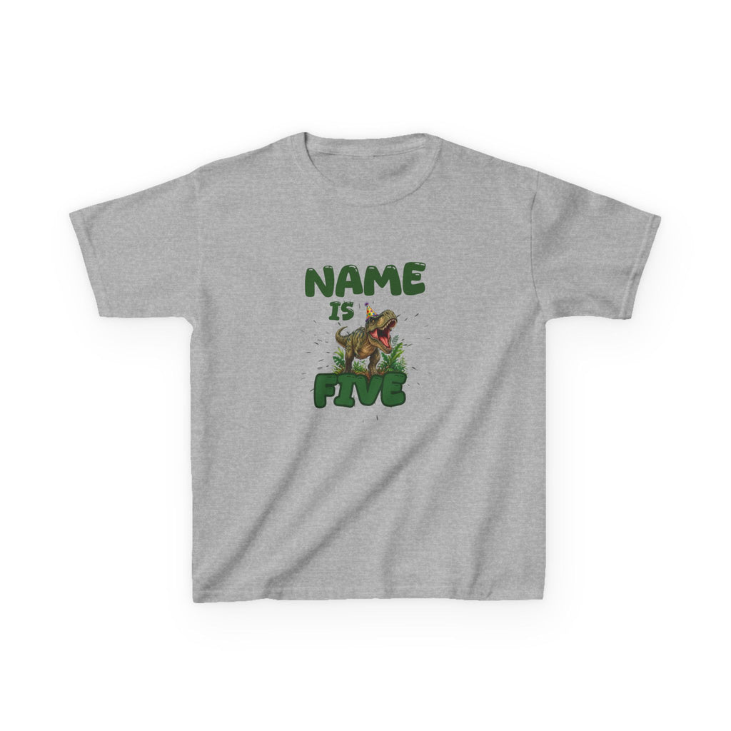 Personalised Kids Dinosaur T‑Shirt, Roaring T‑Rex "Name is Five" Birthday Tee
