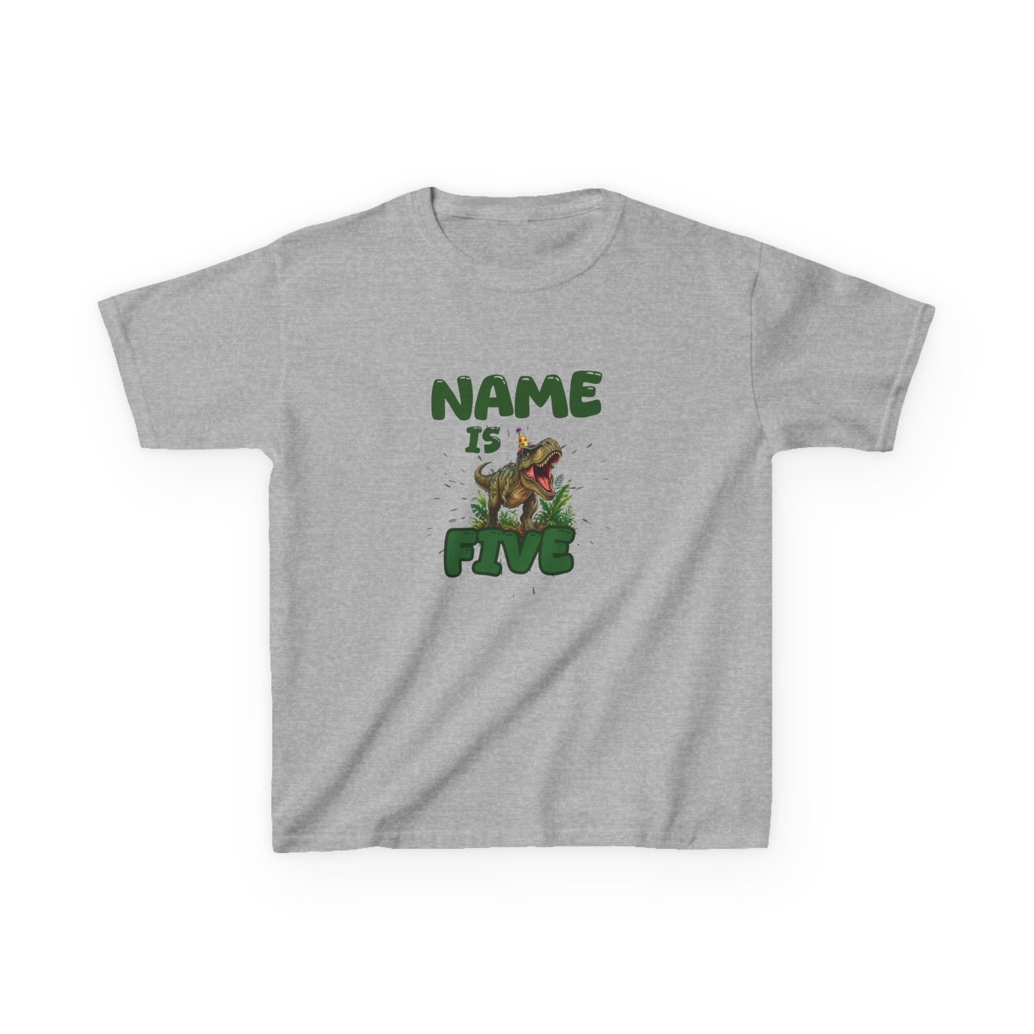 Personalised Kids Dinosaur T‑Shirt, Roaring T‑Rex "Name is Five" Birthday Tee