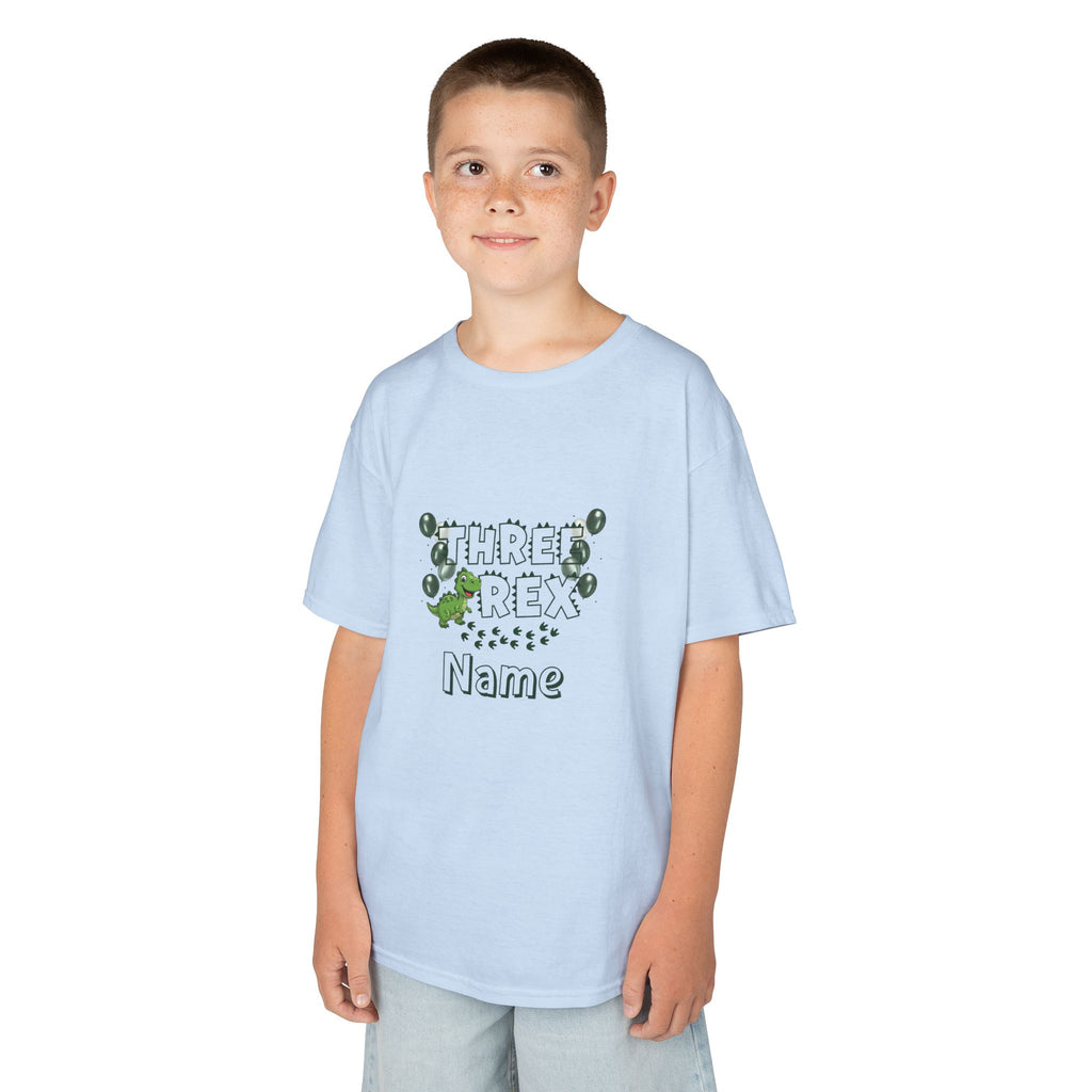 Personalised Kids Tee, "THREE REX" Birthday Dinosaur Shirt (Green Text)