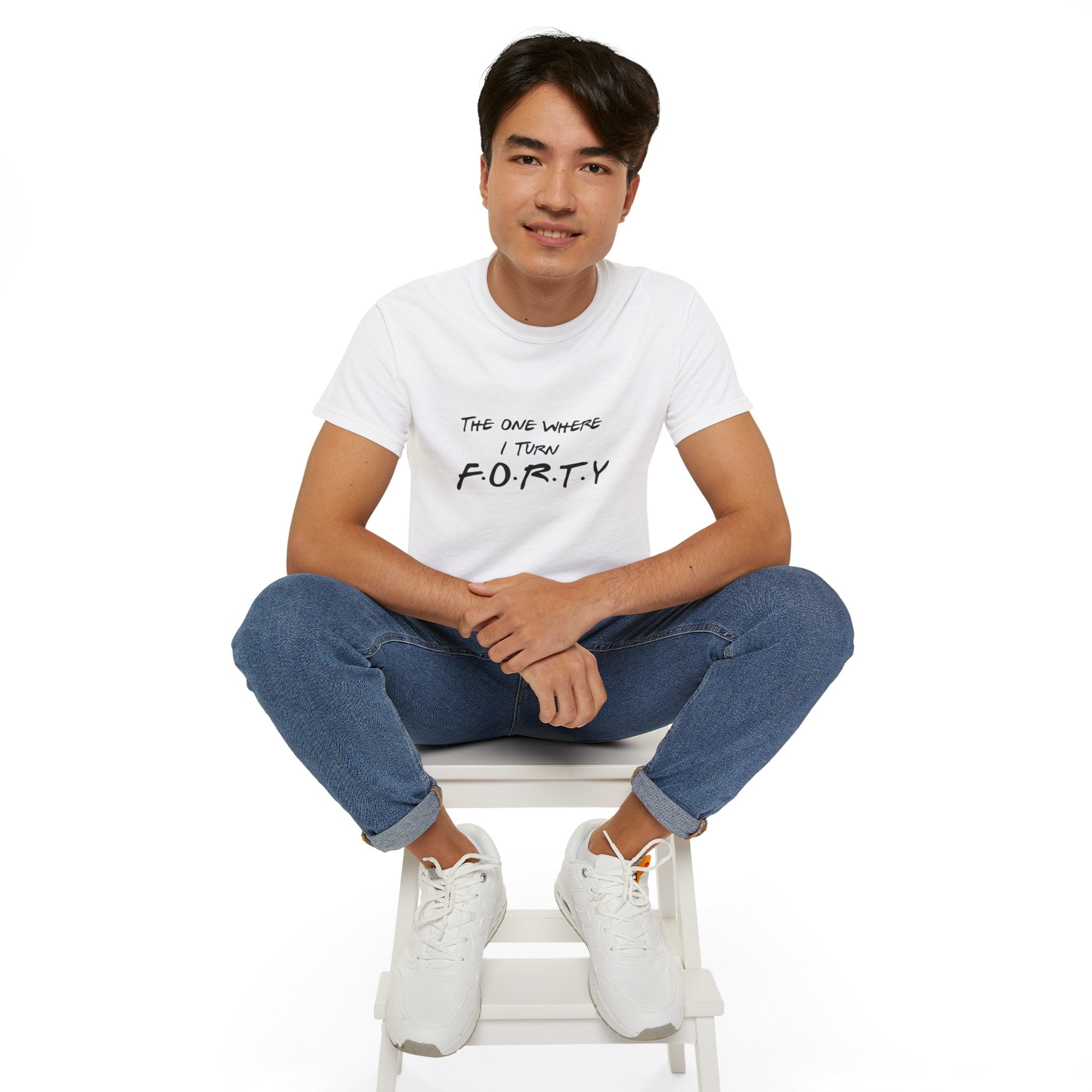 40th Birthday Tee "The One Where I Turn F.O.R.T.Y." Funny Friends-Inspired Shirt - Front & Back design