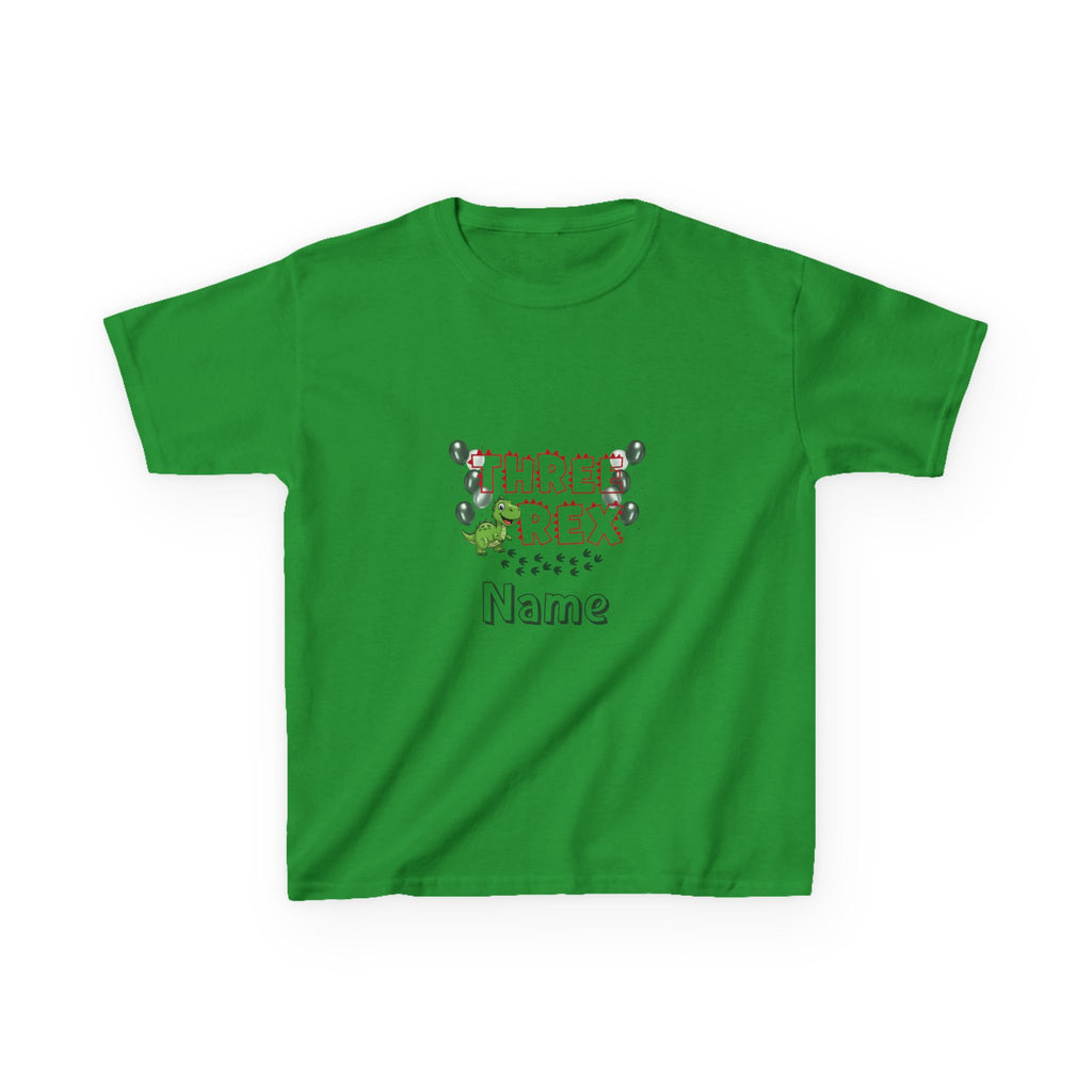 Personalised Kids Tee, "THREE REX" Birthday Dinosaur Shirt (Red Text)