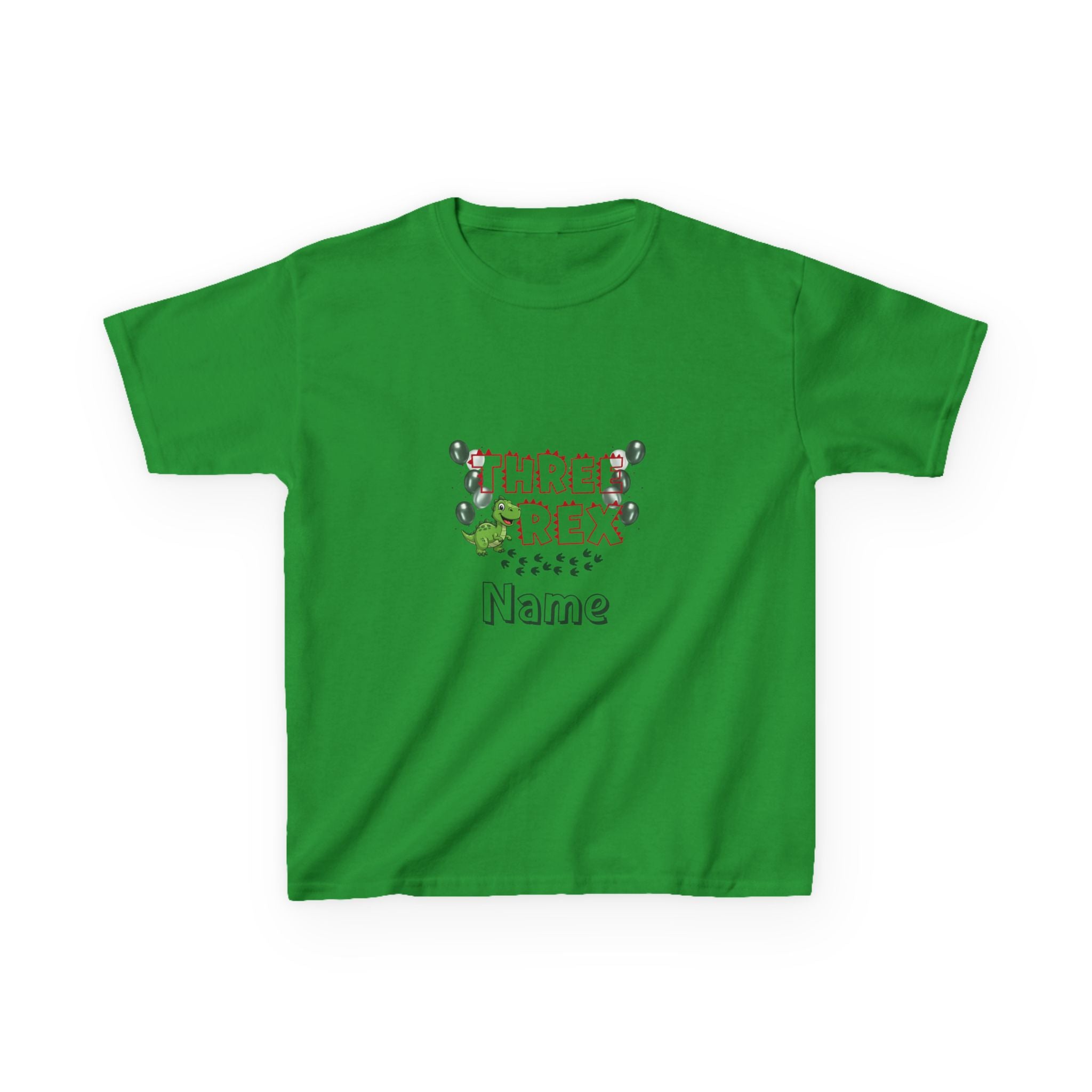 Personalised Kids Tee, "THREE REX" Birthday Dinosaur Shirt (Red Text)