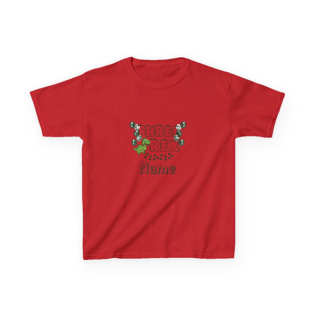 Personalised Kids Tee, "THREE REX" Birthday Dinosaur Shirt (Green Text)