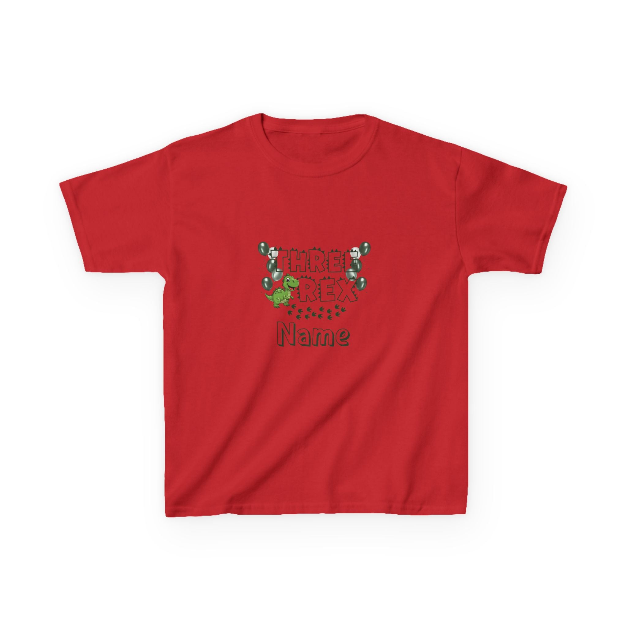 Personalised Kids Tee, "THREE REX" Birthday Dinosaur Shirt (Green Text)