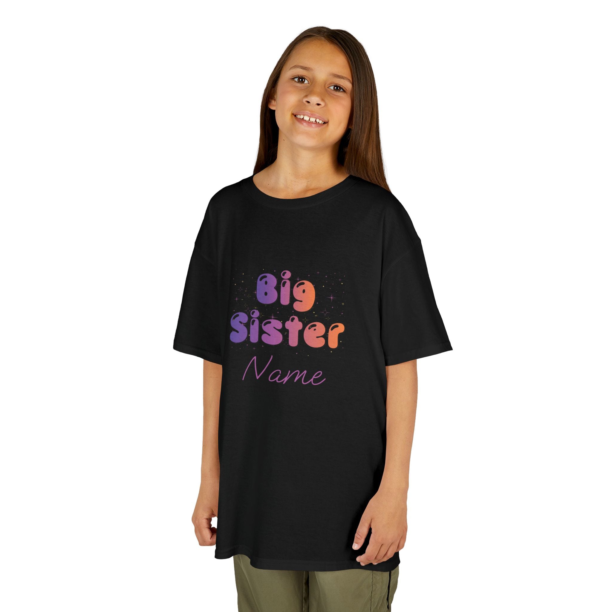 Big Sister Personalised Kids Tee, colourful Bubble Letters with Name