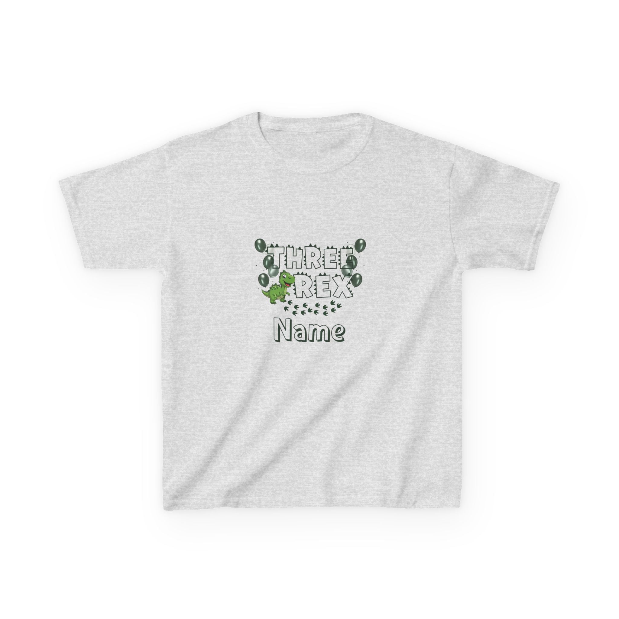 Personalised Kids Tee, "THREE REX" Birthday Dinosaur Shirt (Green Text)