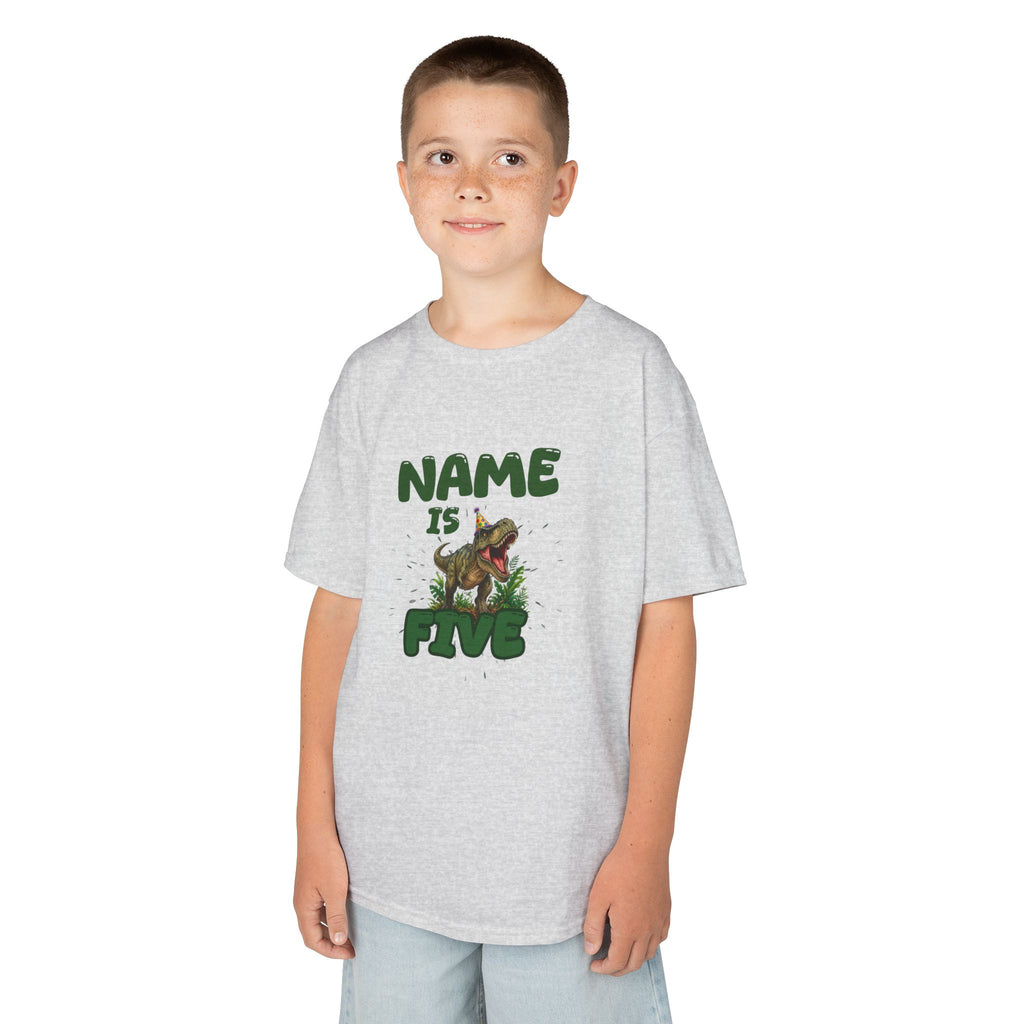 Personalised Kids Dinosaur T‑Shirt, Roaring T‑Rex "Name is Five" Birthday Tee