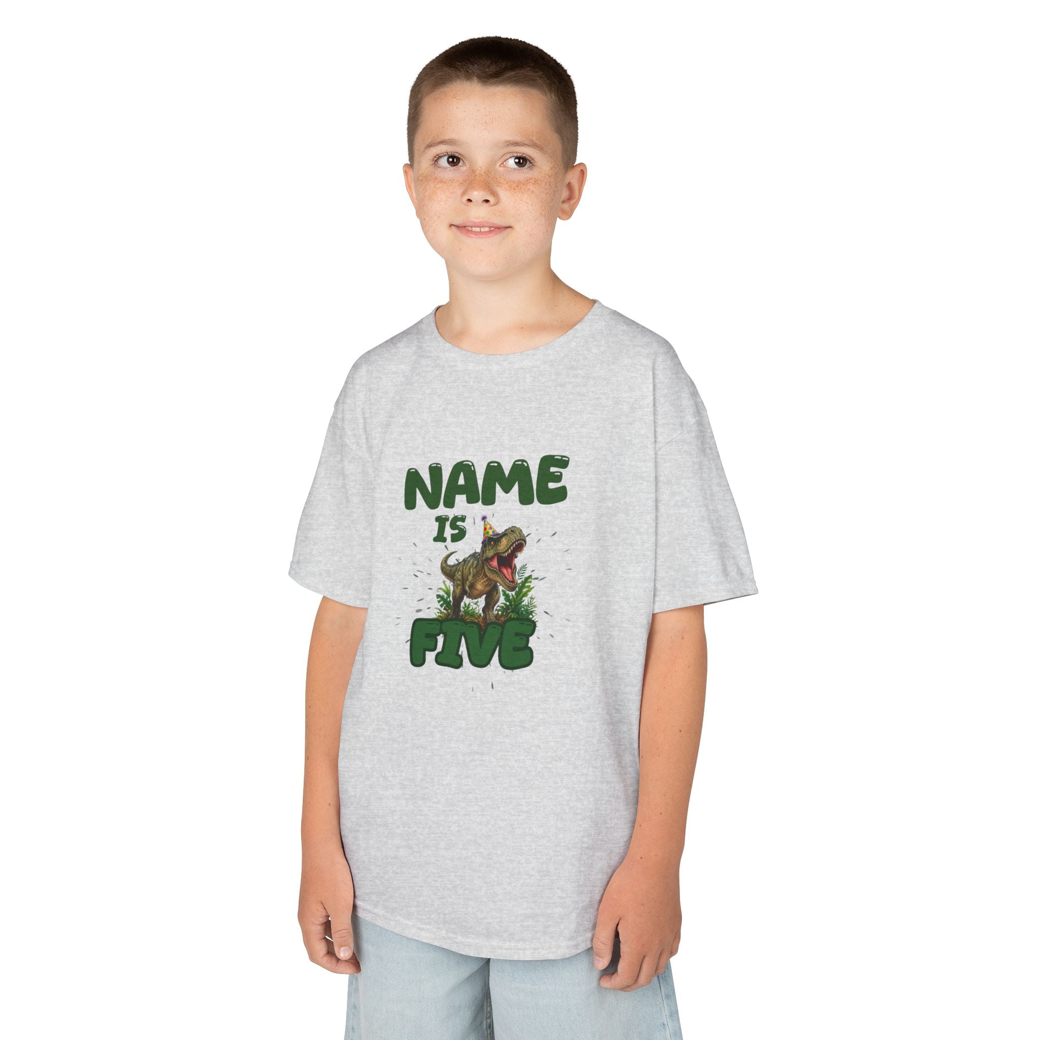 Personalised Kids Dinosaur T‑Shirt, Roaring T‑Rex "Name is Five" Birthday Tee