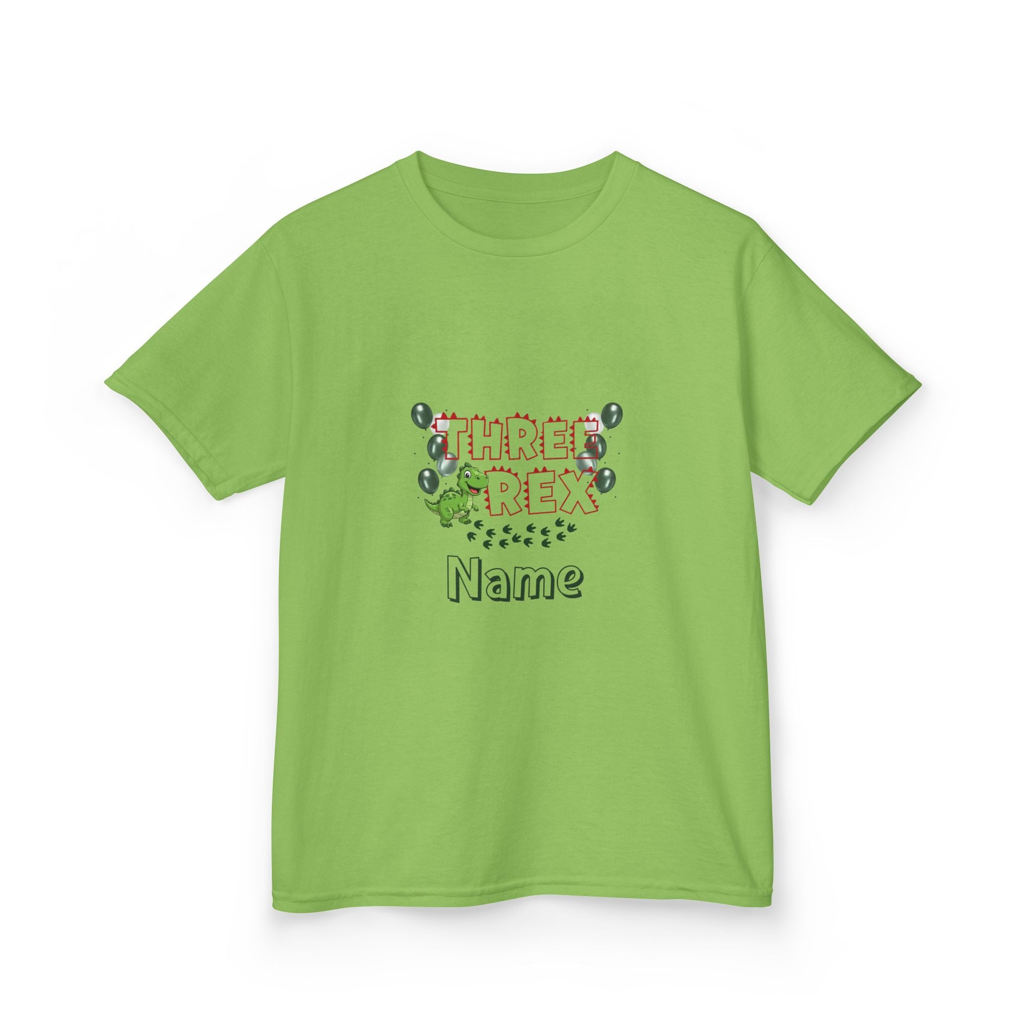 Personalised Kids Tee, "THREE REX" Birthday Dinosaur Shirt (Red Text)