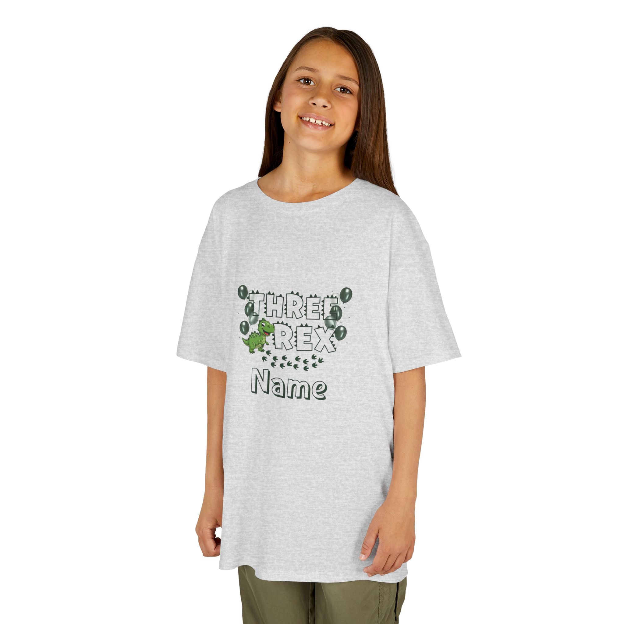 Personalised Kids Tee, "THREE REX" Birthday Dinosaur Shirt (Green Text)