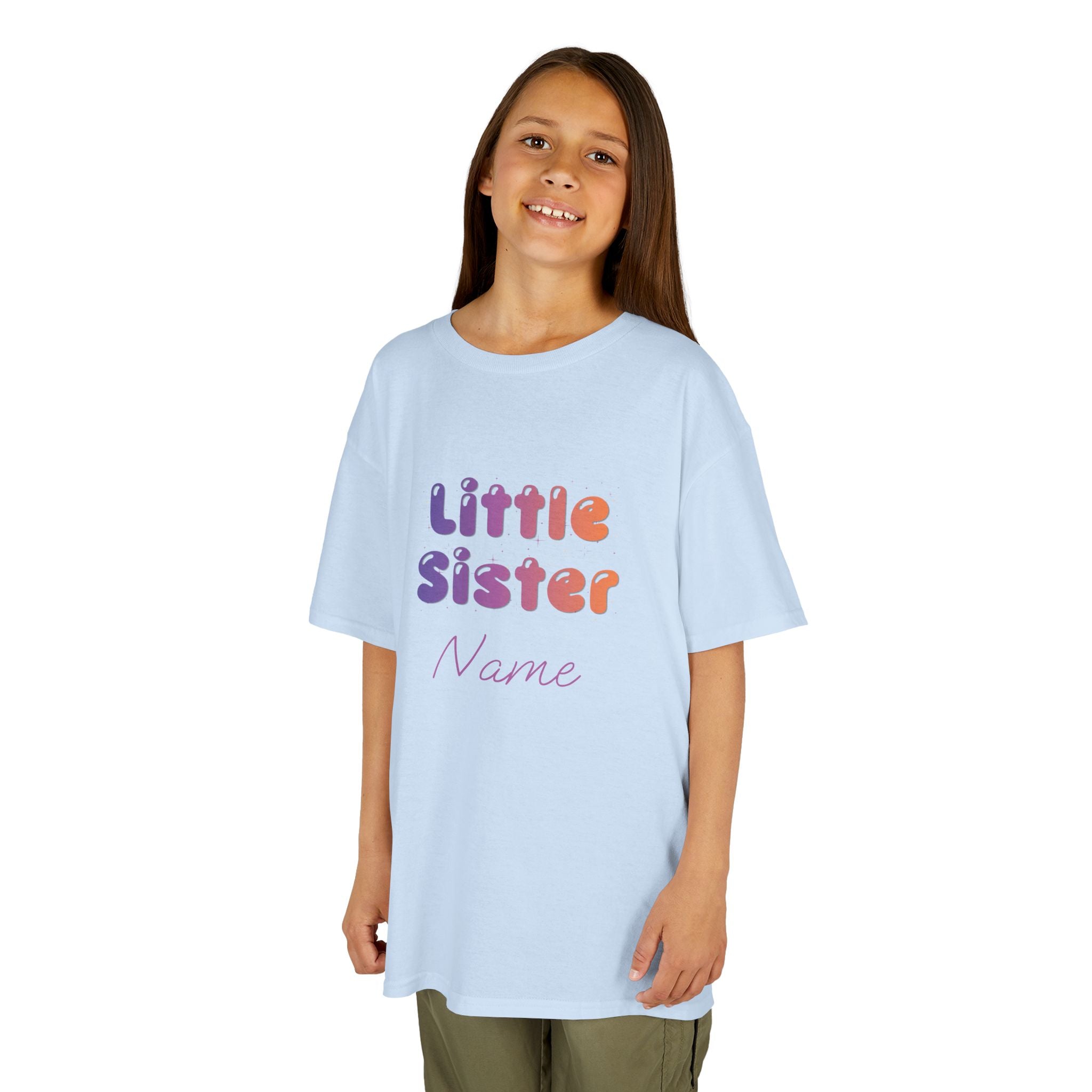 Little Sister Personalised Kids Tee, colourful Bubble Letters with Name