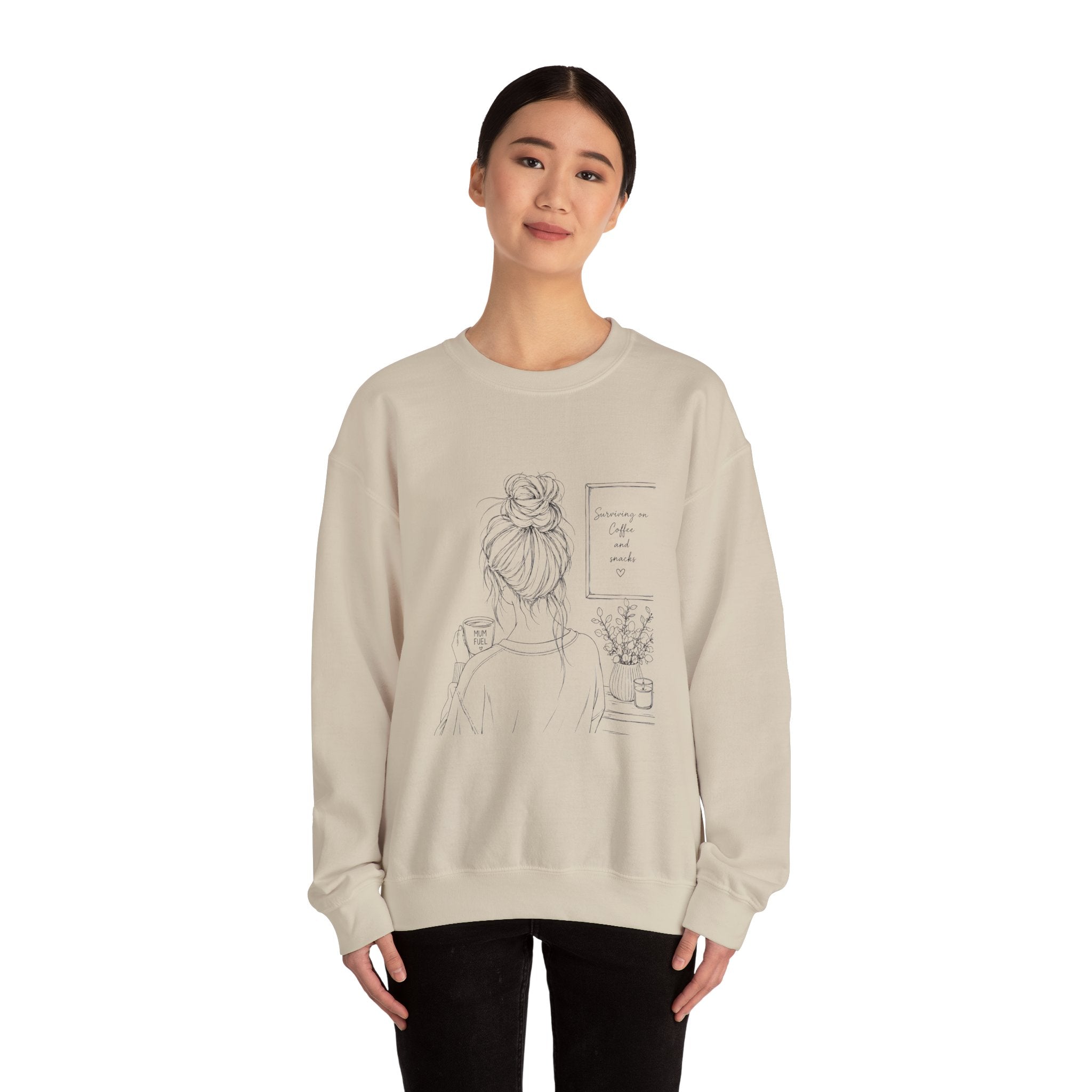 Cozy Morning Sketch girl with bun holding coffee Sweatshirt | minimalist line art