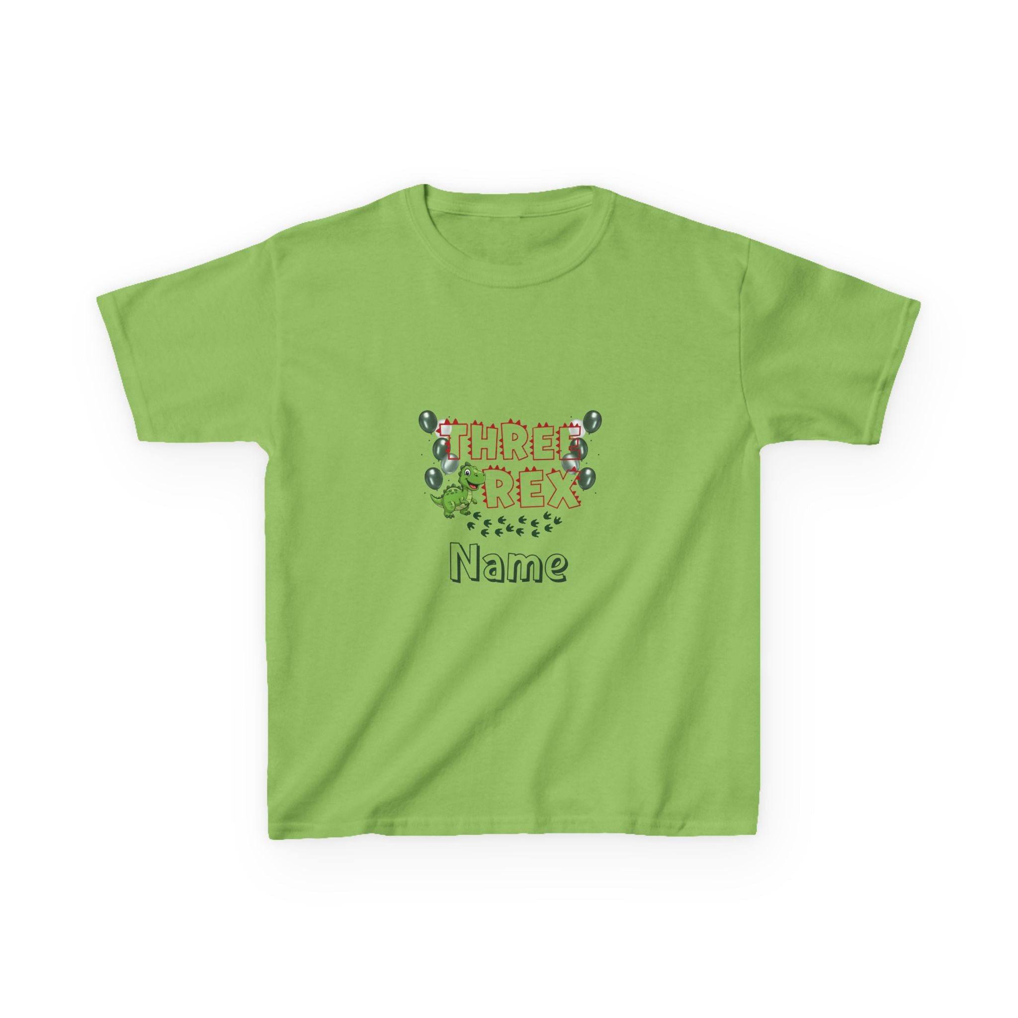 Personalised Kids Tee, "THREE REX" Birthday Dinosaur Shirt (Red Text)