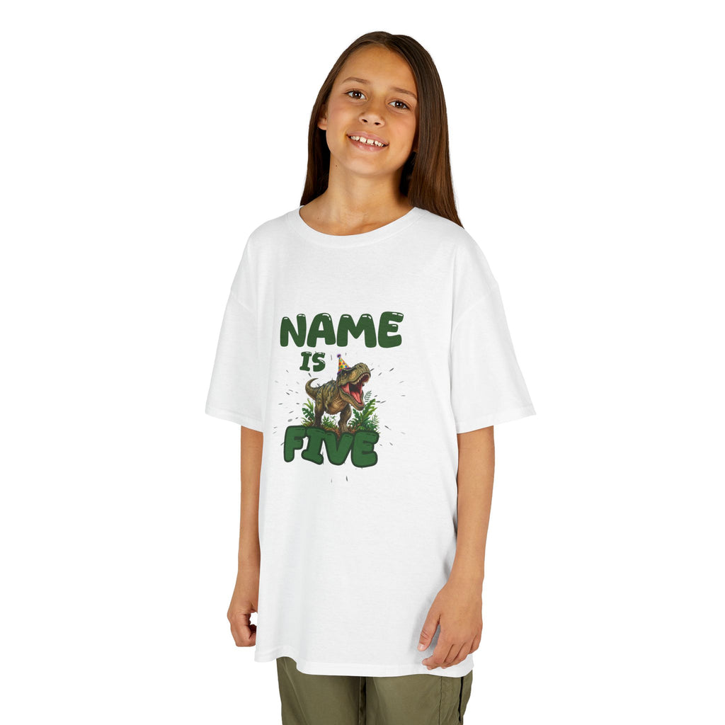 Personalised Kids Dinosaur T‑Shirt, Roaring T‑Rex "Name is Five" Birthday Tee