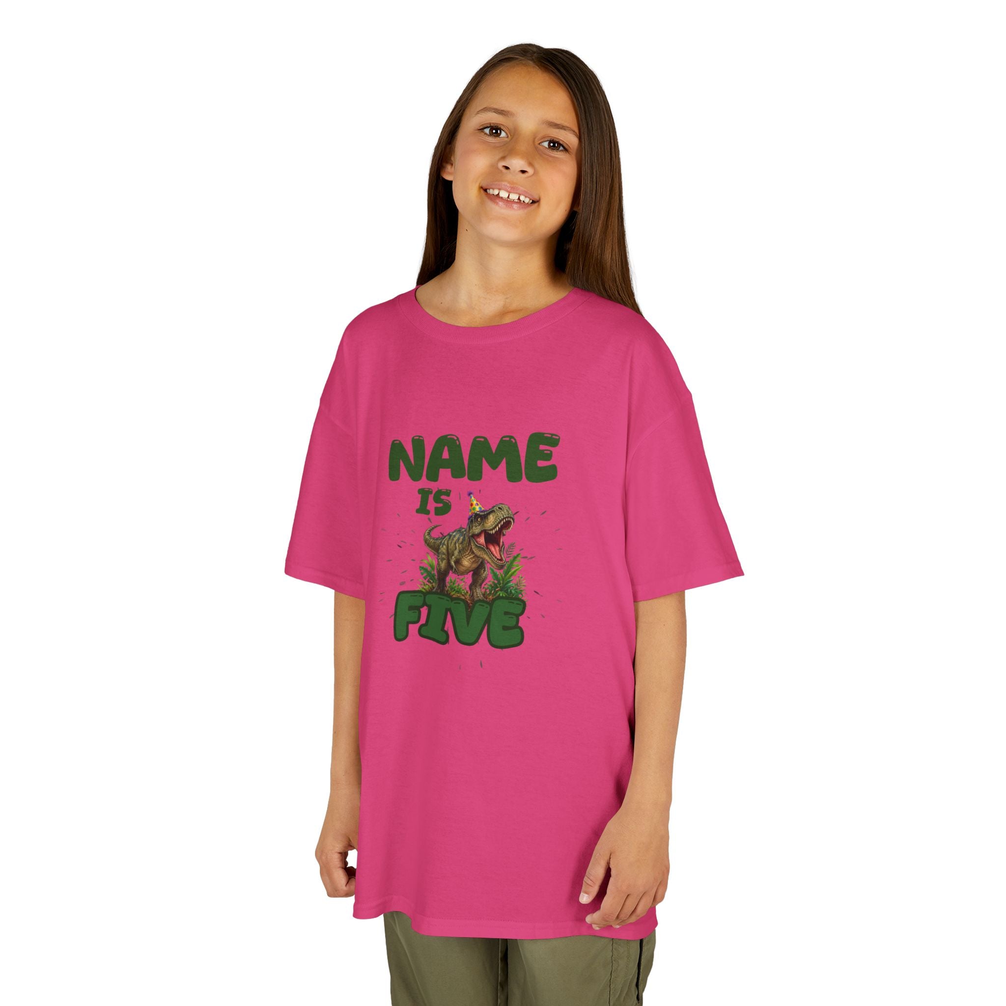 Personalised Kids Dinosaur T‑Shirt, Roaring T‑Rex "Name is Five" Birthday Tee