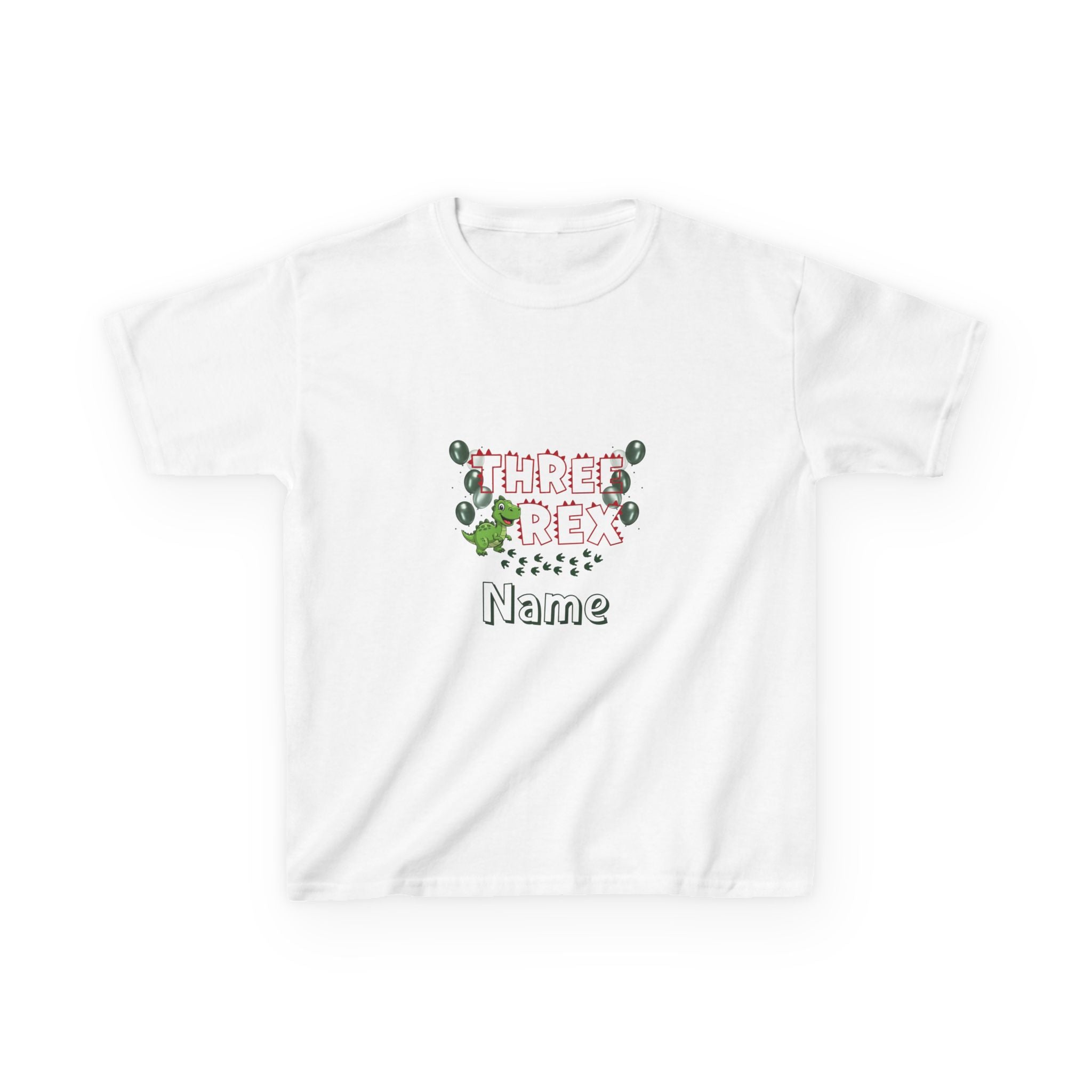 Personalised Kids Tee, "THREE REX" Birthday Dinosaur Shirt (Red Text)