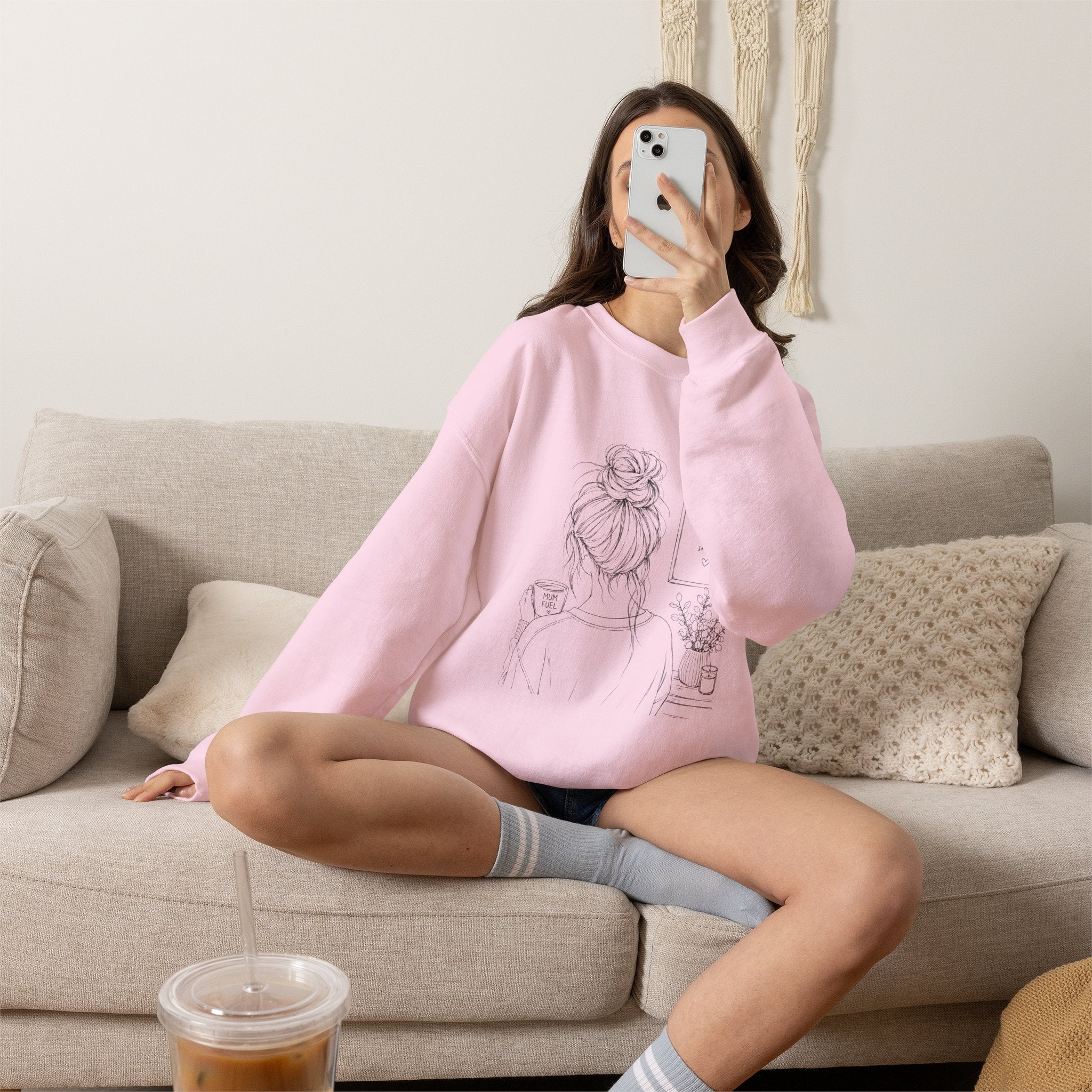 Cozy Morning Sketch girl with bun holding coffee Sweatshirt | minimalist line art