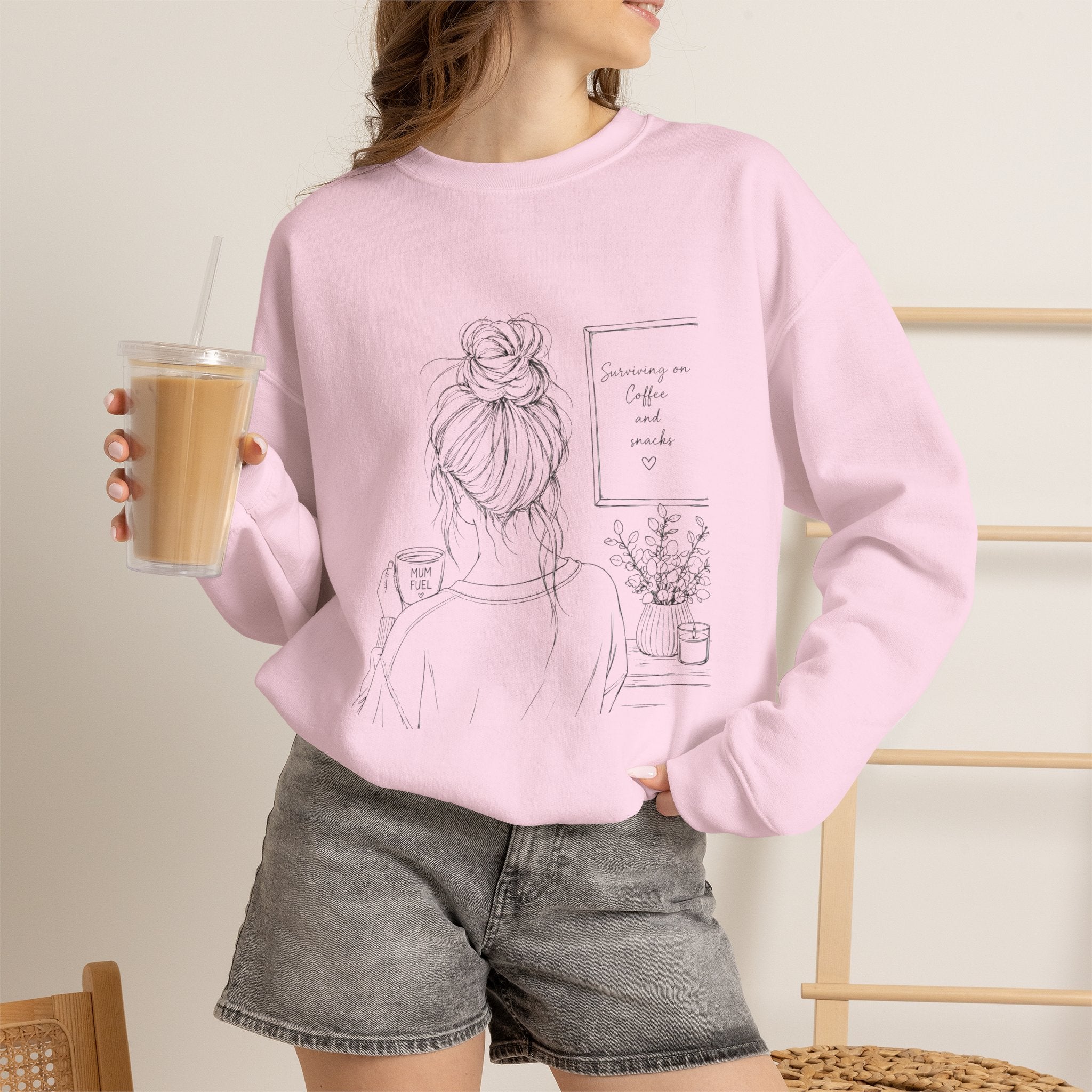 Cozy Morning Sketch girl with bun holding coffee Sweatshirt | minimalist line art
