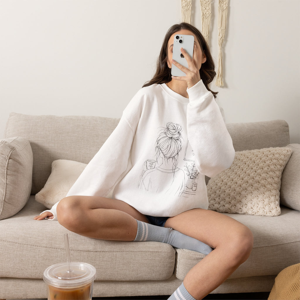 Cozy Morning Sketch girl with bun holding coffee Sweatshirt | minimalist line art