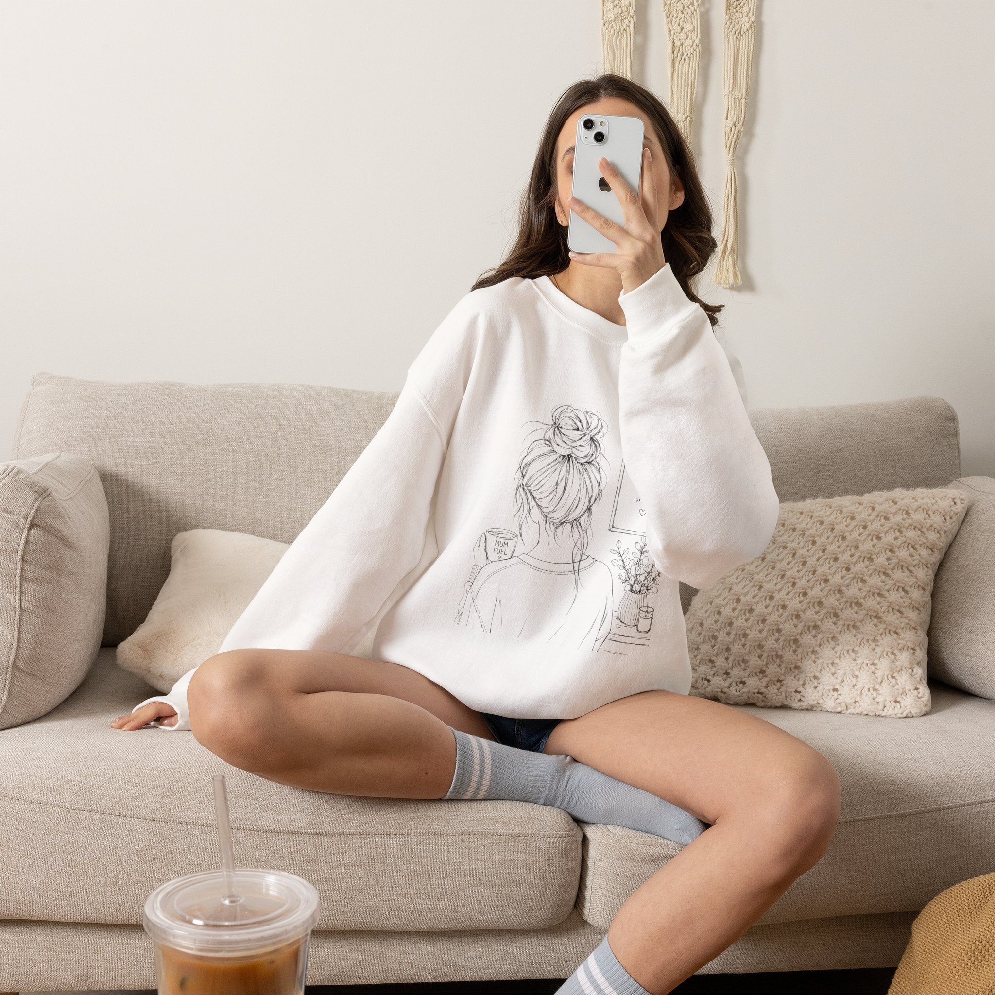 Cozy Morning Sketch girl with bun holding coffee Sweatshirt | minimalist line art