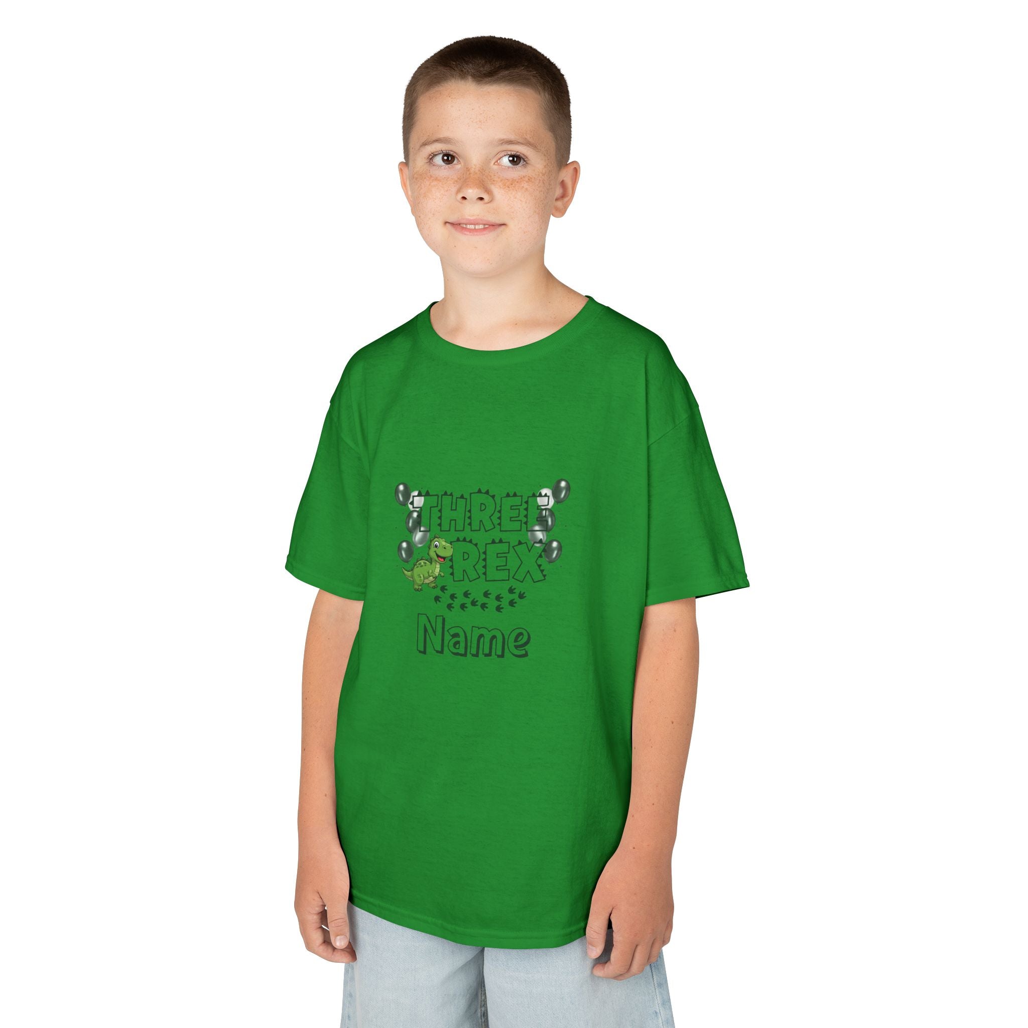Personalised Kids Tee, "THREE REX" Birthday Dinosaur Shirt (Green Text)