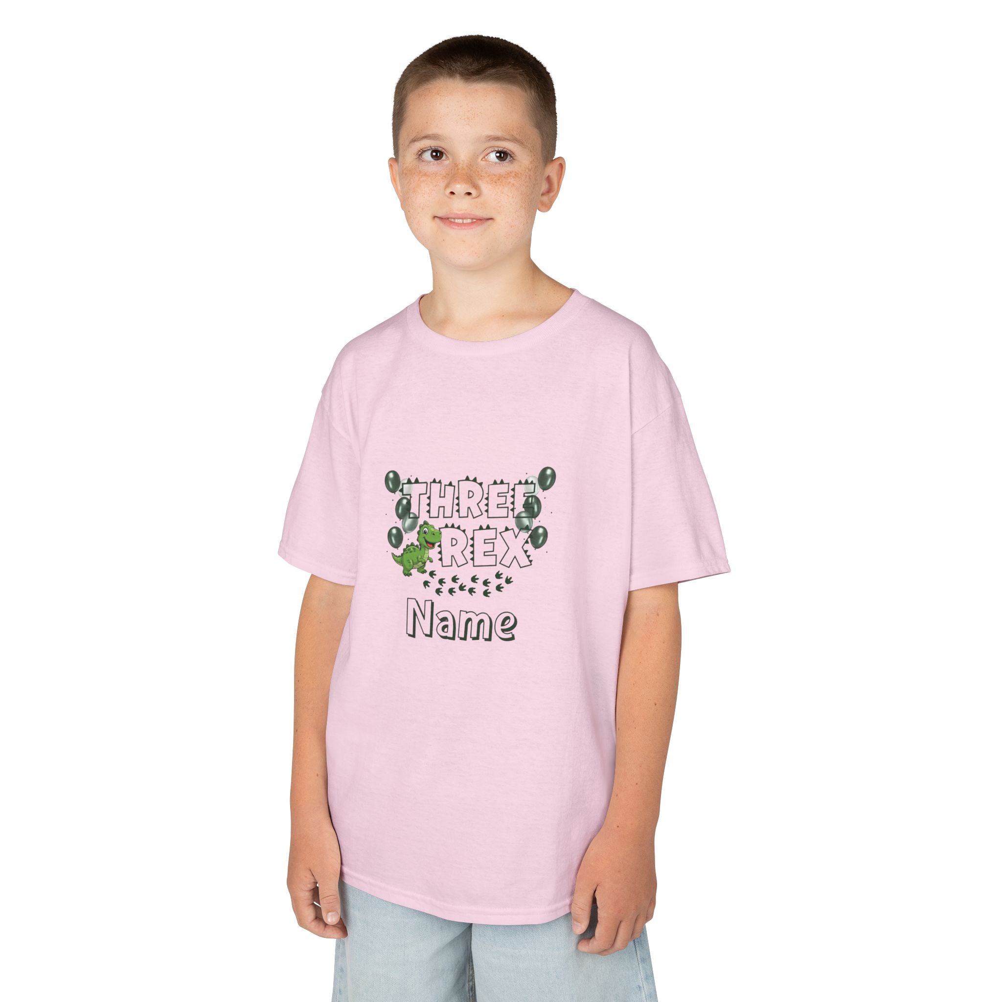 Personalised Kids Tee, "THREE REX" Birthday Dinosaur Shirt (Green Text)