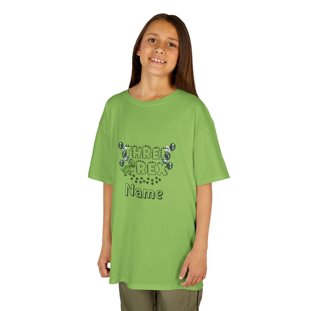 Personalised Kids Tee, "THREE REX" Birthday Dinosaur Shirt (Green Text)