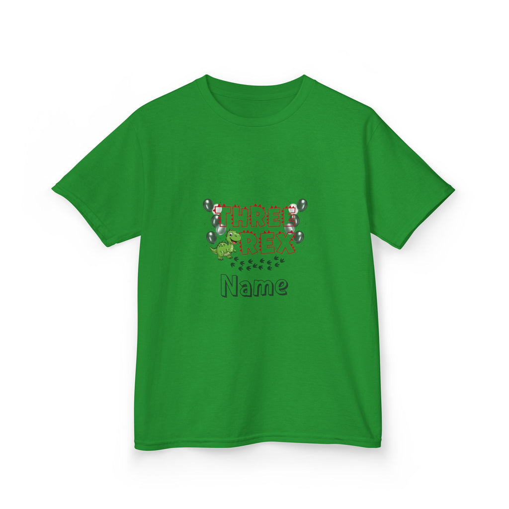 Personalised Kids Tee, "THREE REX" Birthday Dinosaur Shirt (Red Text)