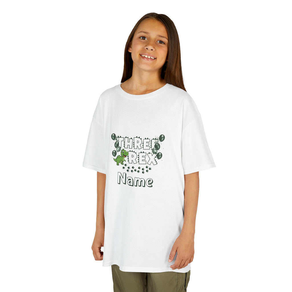 Personalised Kids Tee, "THREE REX" Birthday Dinosaur Shirt (Green Text)