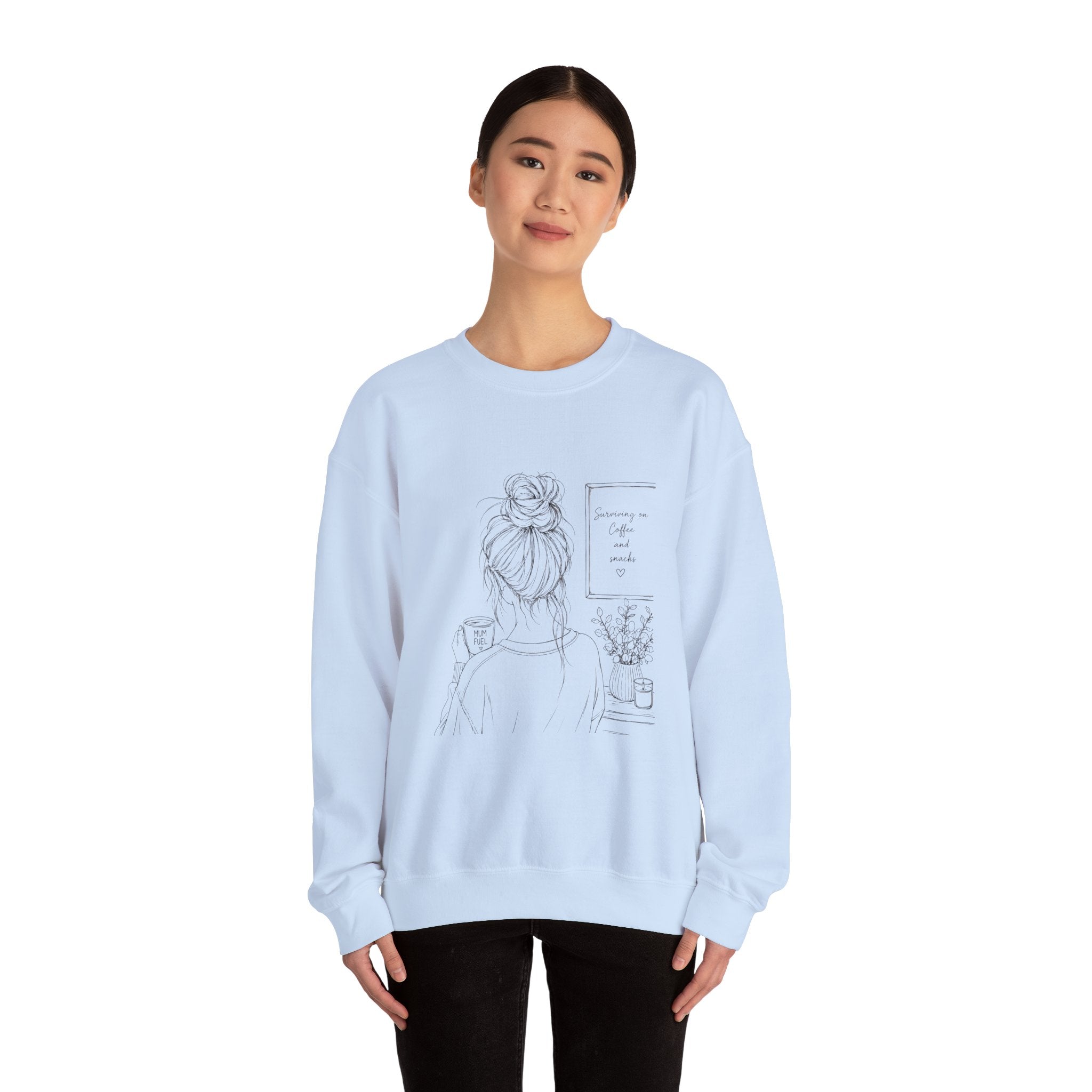 Cozy Morning Sketch girl with bun holding coffee Sweatshirt | minimalist line art