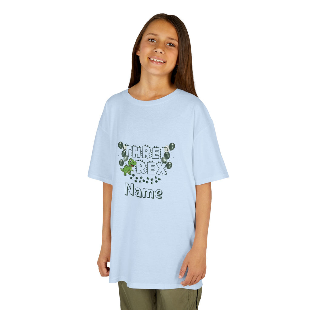 Personalised Kids Tee, "THREE REX" Birthday Dinosaur Shirt (Green Text)