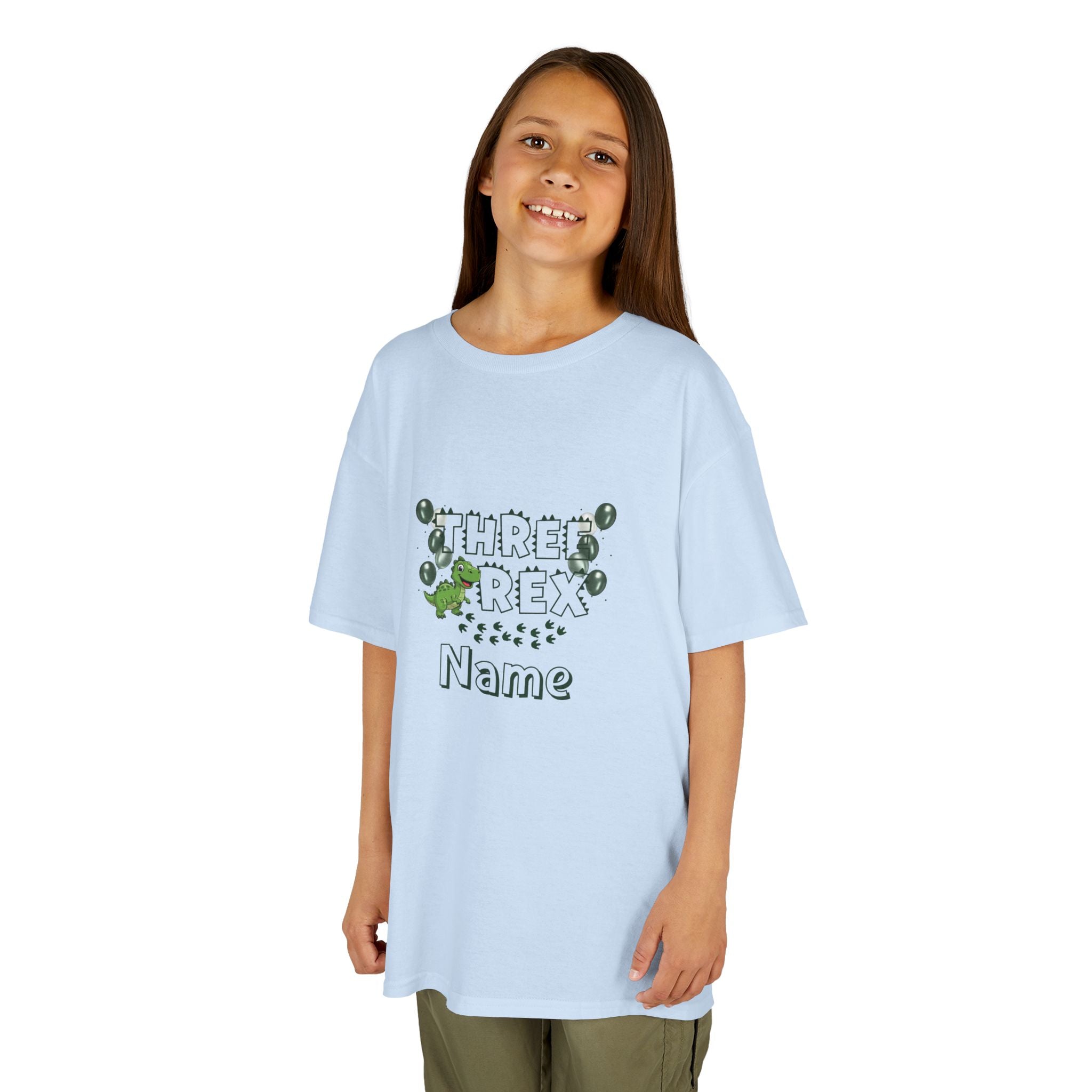 Personalised Kids Tee, "THREE REX" Birthday Dinosaur Shirt (Green Text)