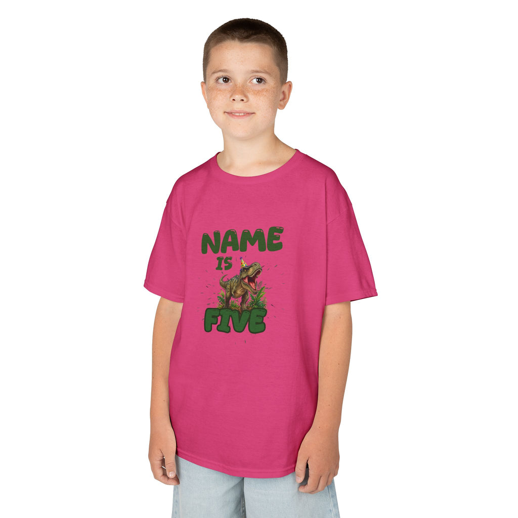 Personalised Kids Dinosaur T‑Shirt, Roaring T‑Rex "Name is Five" Birthday Tee