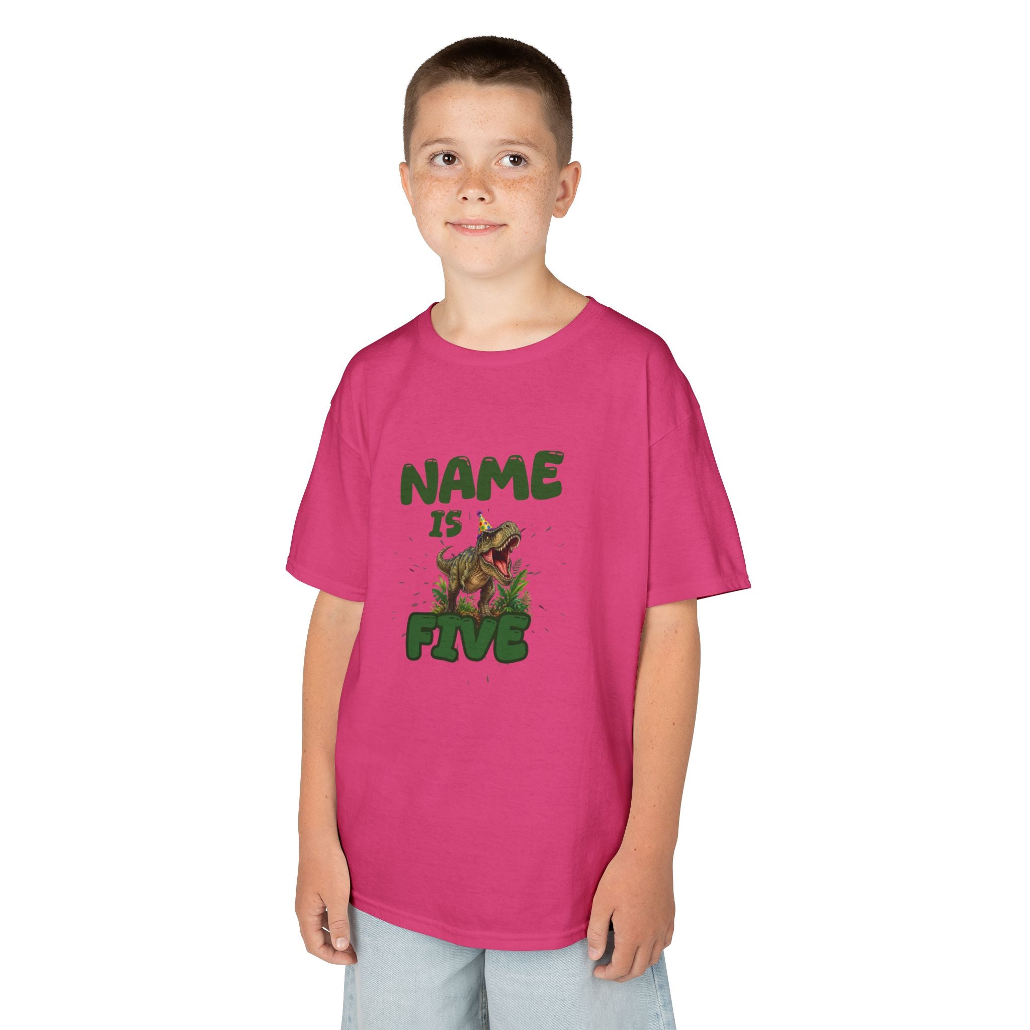 Personalised Kids Dinosaur T‑Shirt, Roaring T‑Rex "Name is Five" Birthday Tee