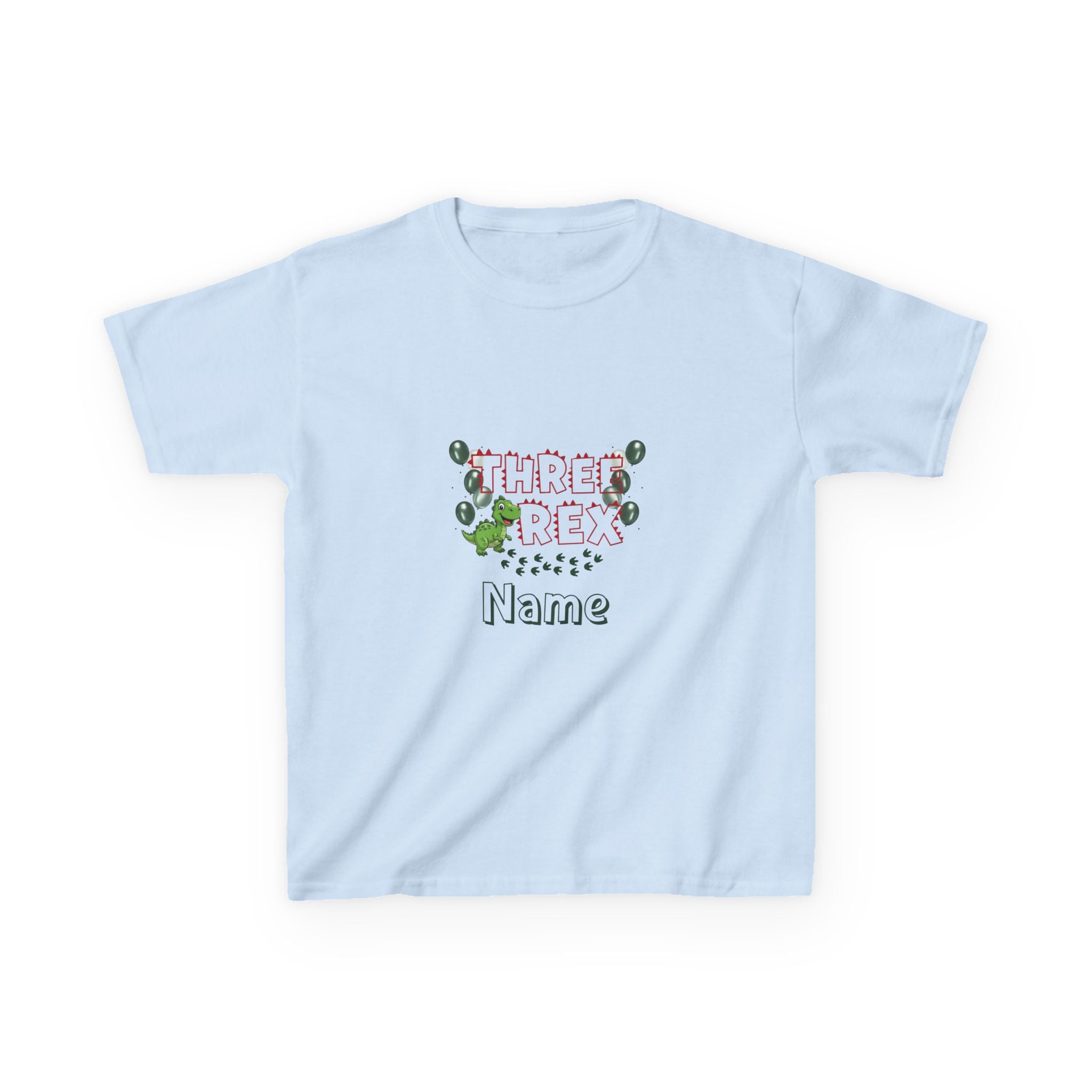 Personalised Kids Tee, "THREE REX" Birthday Dinosaur Shirt (Red Text)