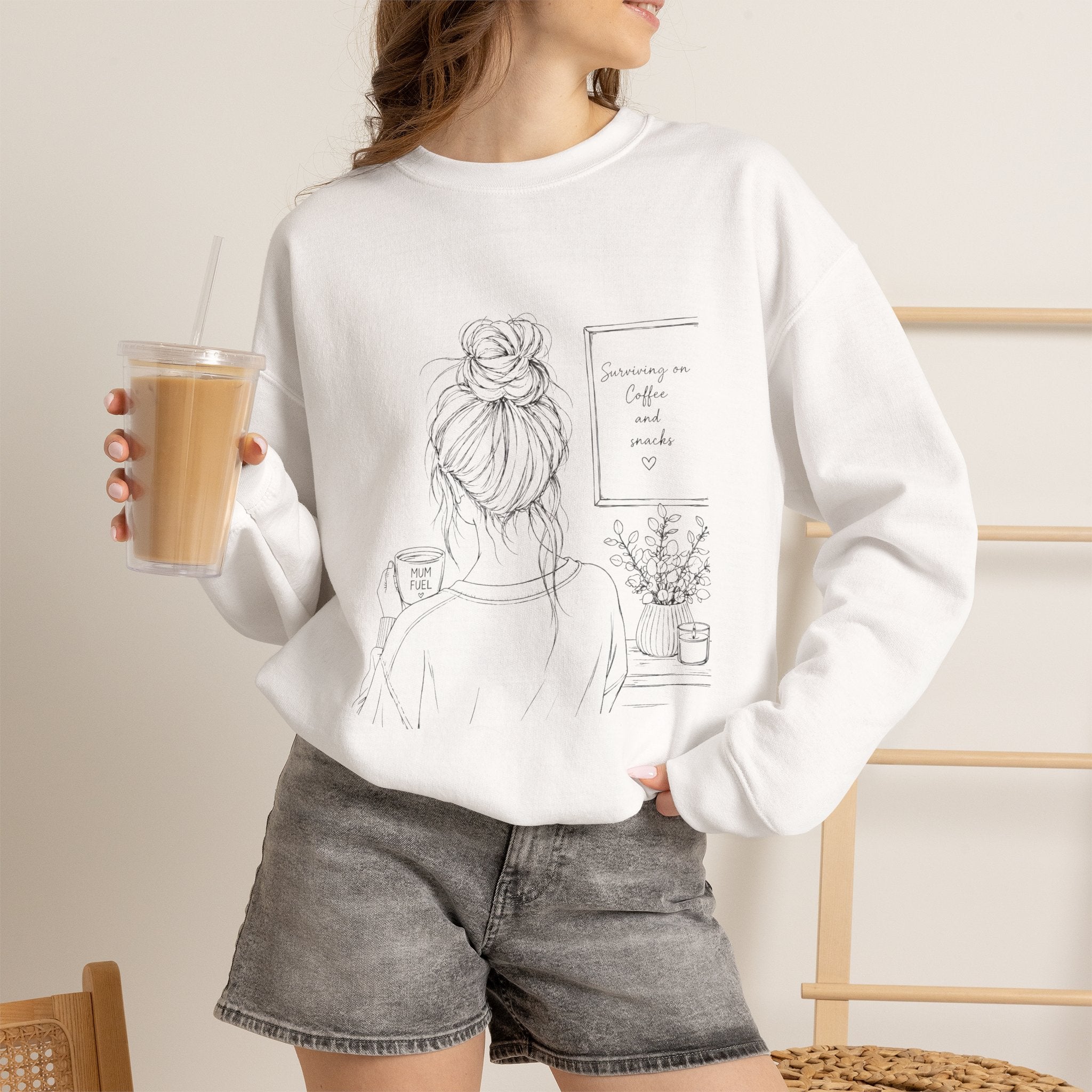 Cozy Morning Sketch girl with bun holding coffee Sweatshirt | minimalist line art