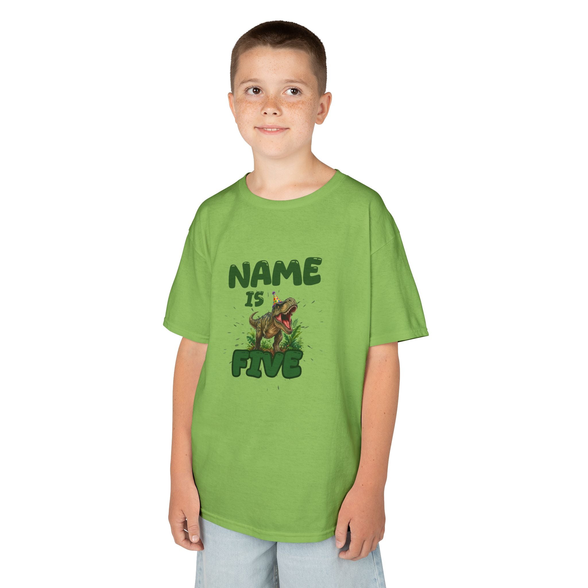 Personalised Kids Dinosaur T‑Shirt, Roaring T‑Rex "Name is Five" Birthday Tee