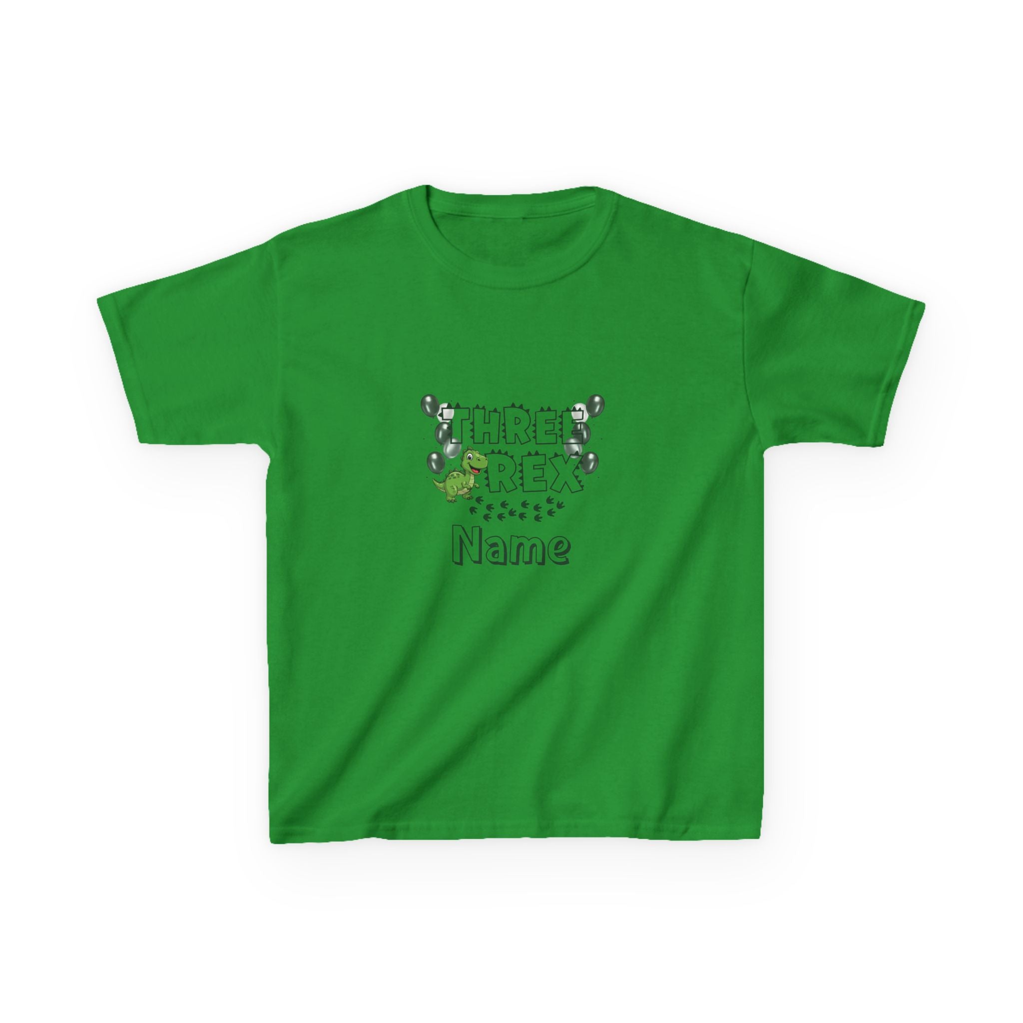 Personalised Kids Tee, "THREE REX" Birthday Dinosaur Shirt (Green Text)