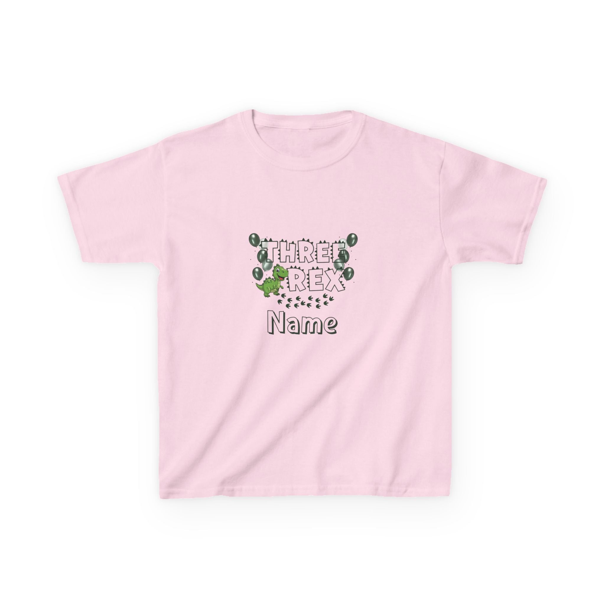 Personalised Kids Tee, "THREE REX" Birthday Dinosaur Shirt (Green Text)