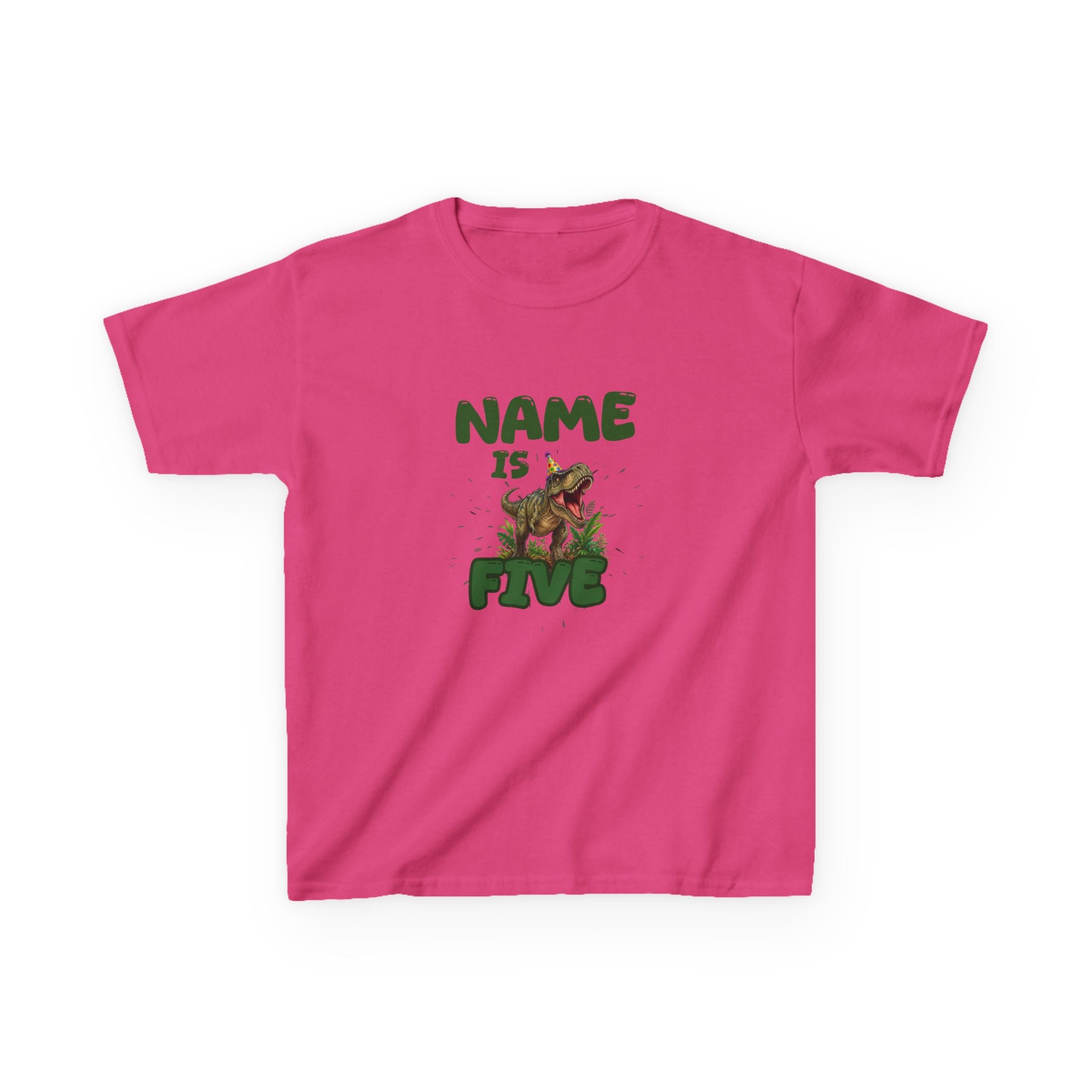 Personalised Kids Dinosaur T‑Shirt, Roaring T‑Rex "Name is Five" Birthday Tee