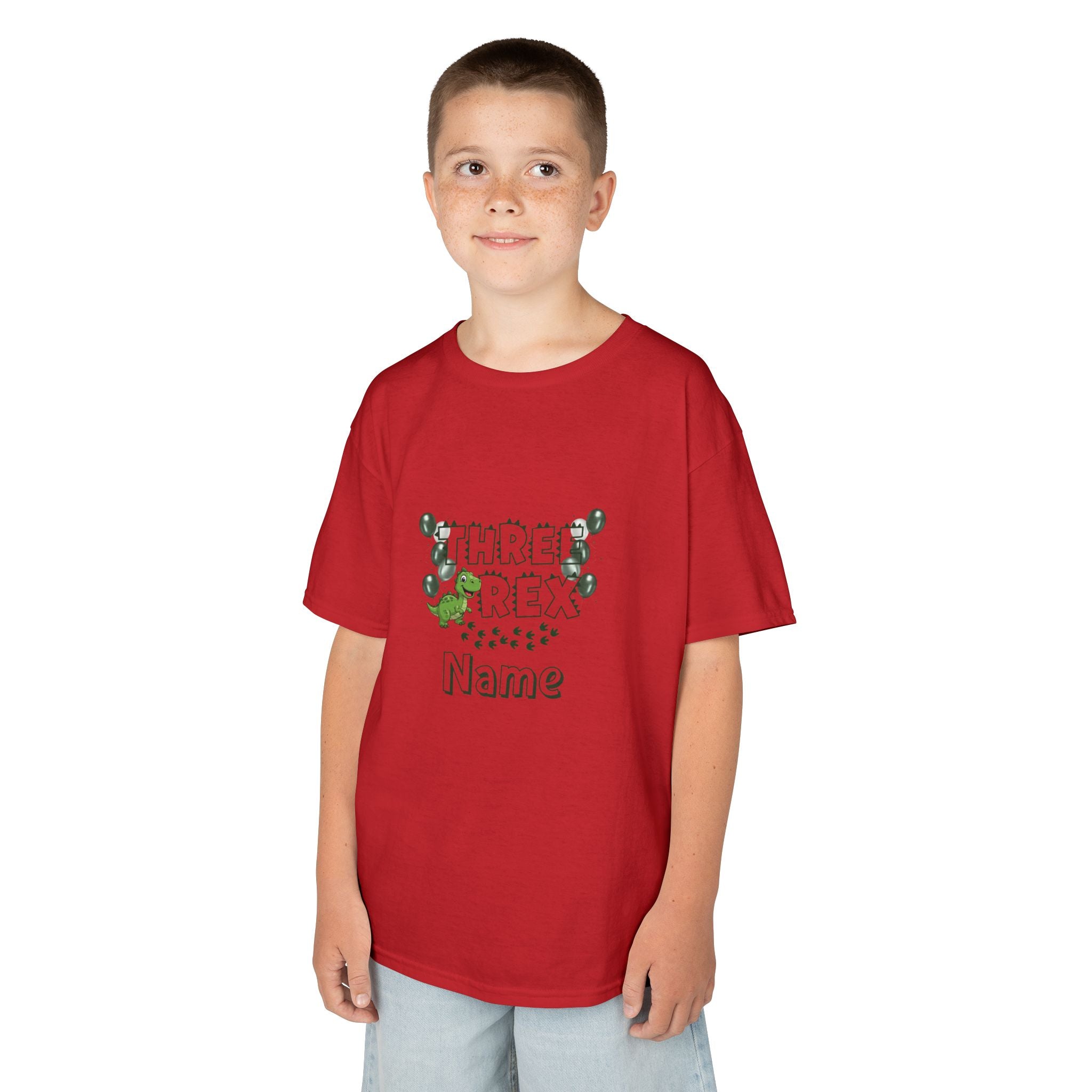 Personalised Kids Tee, "THREE REX" Birthday Dinosaur Shirt (Green Text)